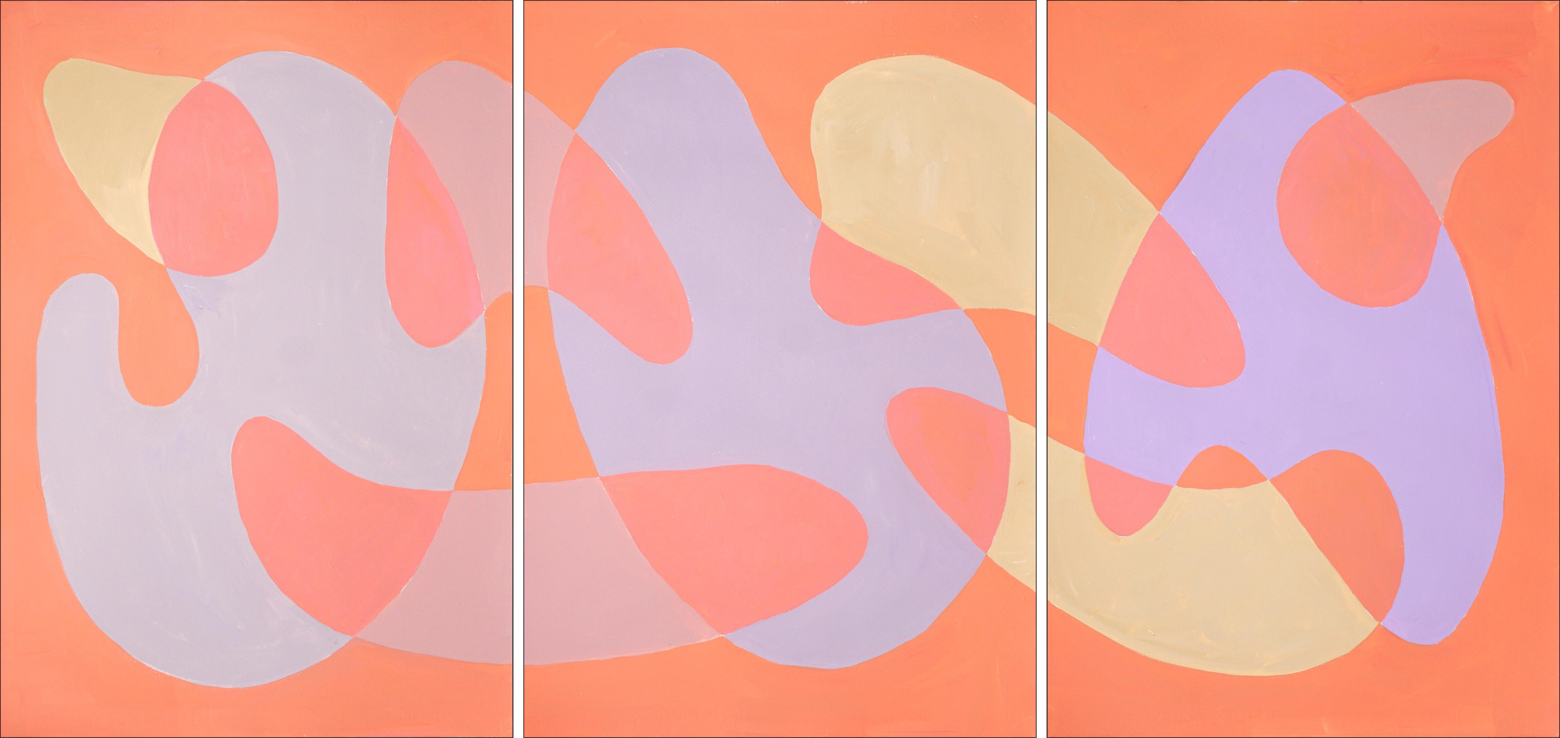 Ryan Rivadeneyra Abstract Painting - Coral Reef Abstraction, Pastel Tones Triptych Pink and Mauve, Post-Modern Shapes