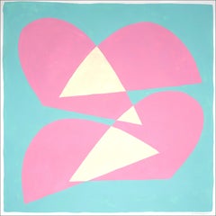 Crossing Arcs I, Squared Pastel Tones Painting in Pale Pink, Turquoise, Modern