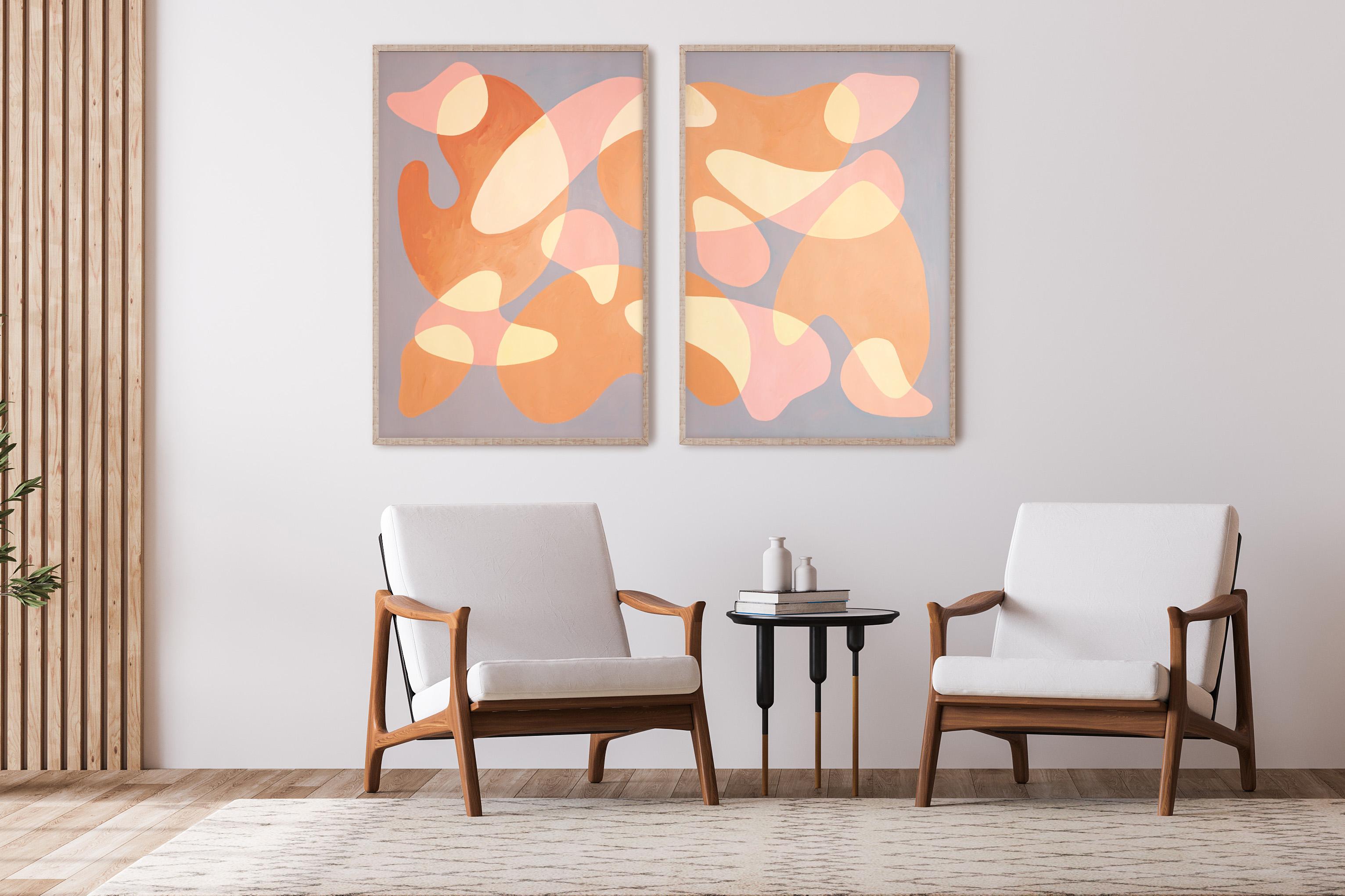 Dancing Bodies in a Dark Room, Nude Tones Diptych, Pale Pink Gray Organic Shapes - Painting by Ryan Rivadeneyra