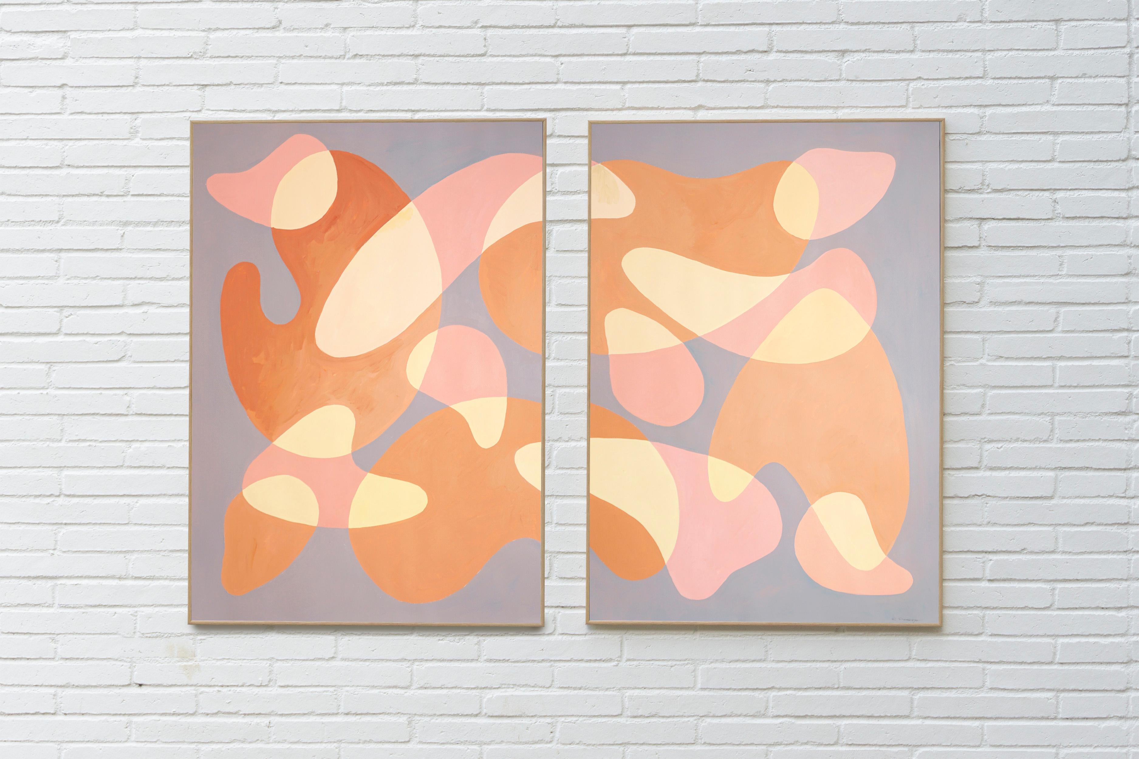 Dancing Bodies in a Dark Room, Nude Tones Diptych, Pale Pink Gray Organic Shapes 2