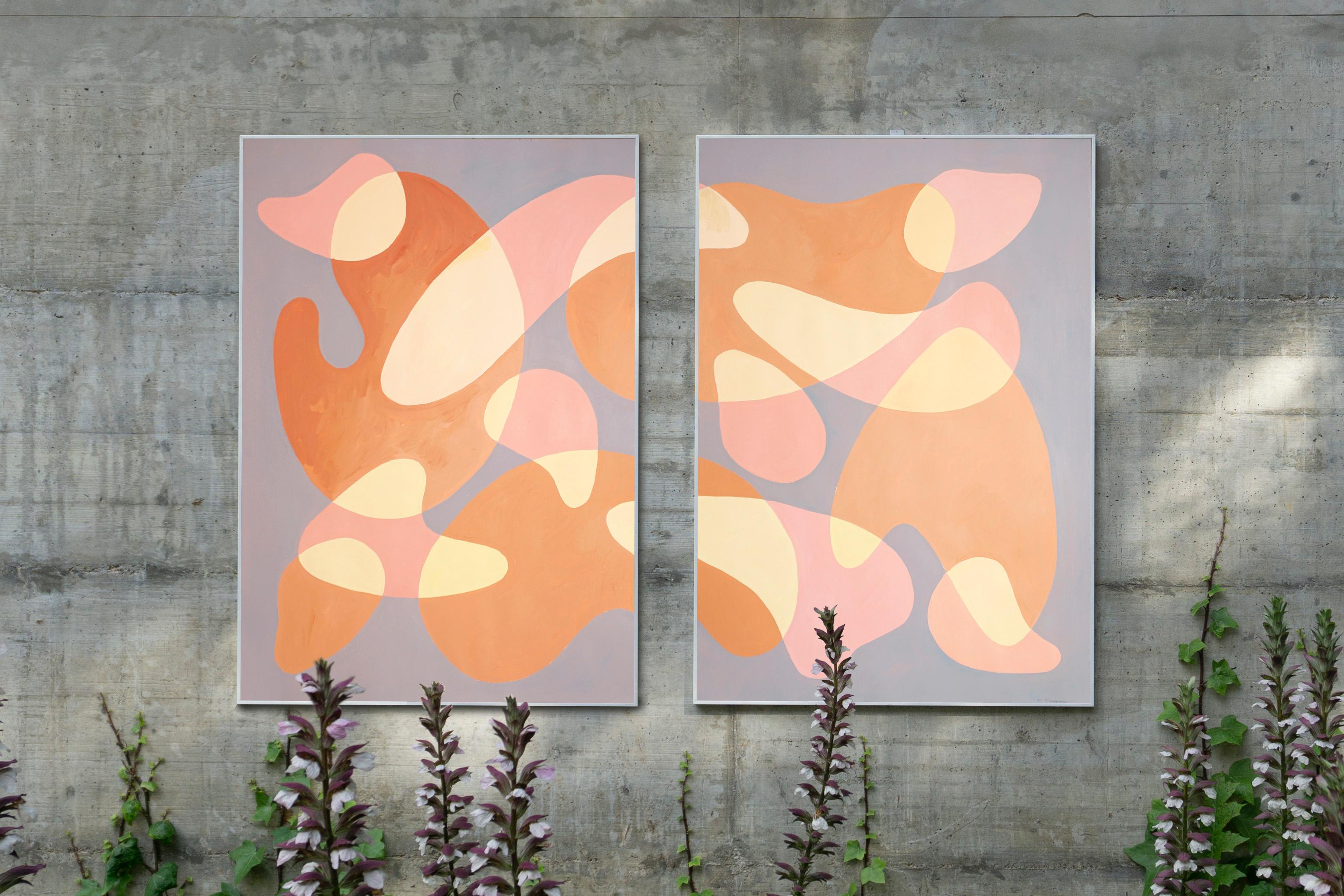 Dancing Bodies in a Dark Room, Nude Tones Diptych, Pale Pink Gray Organic Shapes 4