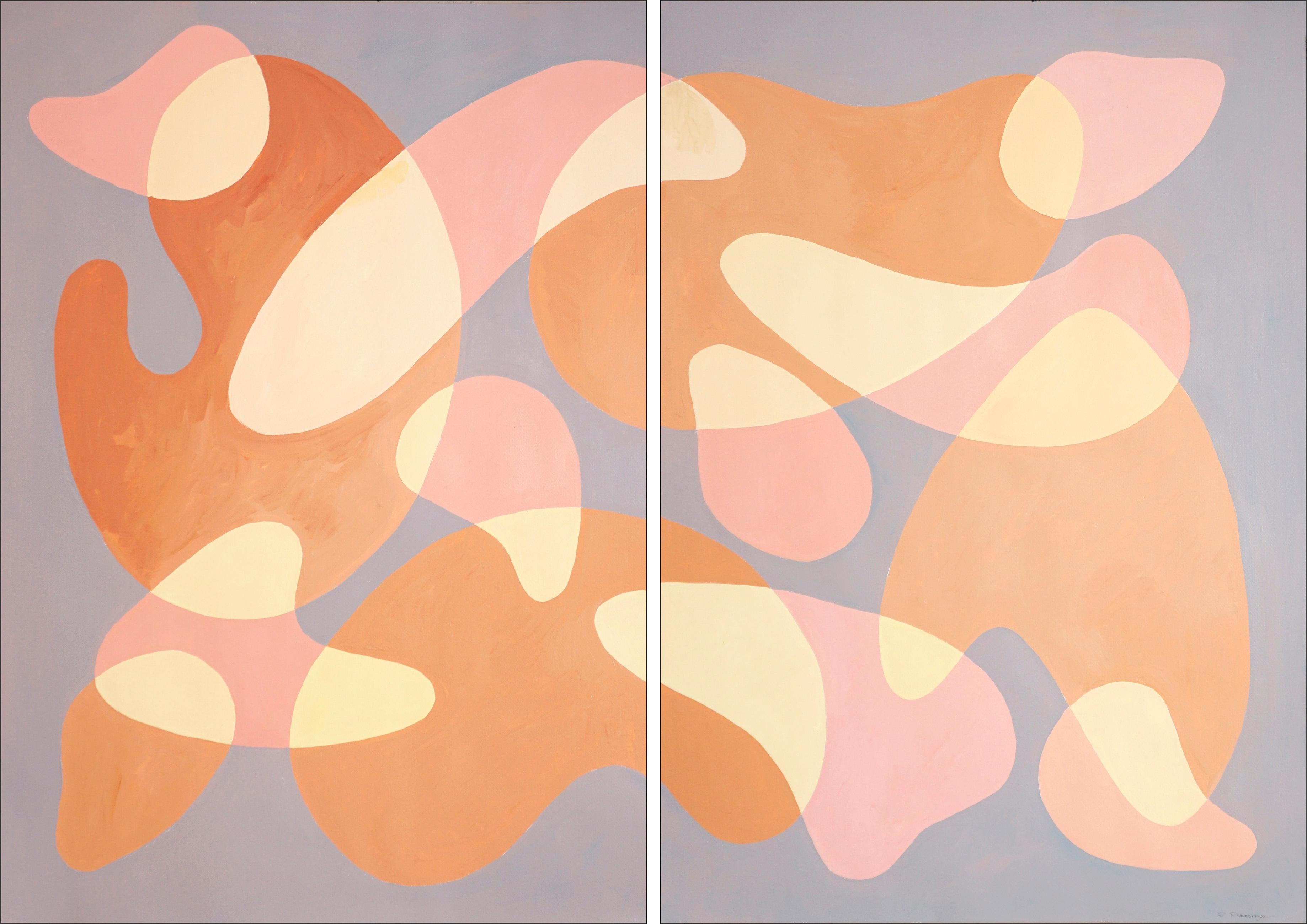 Ryan Rivadeneyra Abstract Painting - Dancing Bodies in a Dark Room, Nude Tones Diptych, Pale Pink Gray Organic Shapes