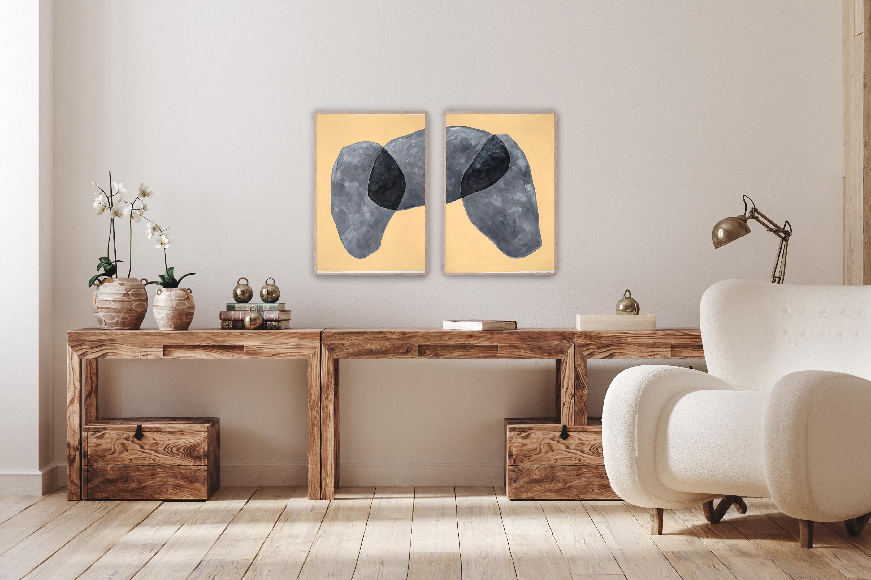 Dolmen Boulders, Abstract Diptych on Gray Tones, Tan Background, Geology Shapes - Painting by Ryan Rivadeneyra