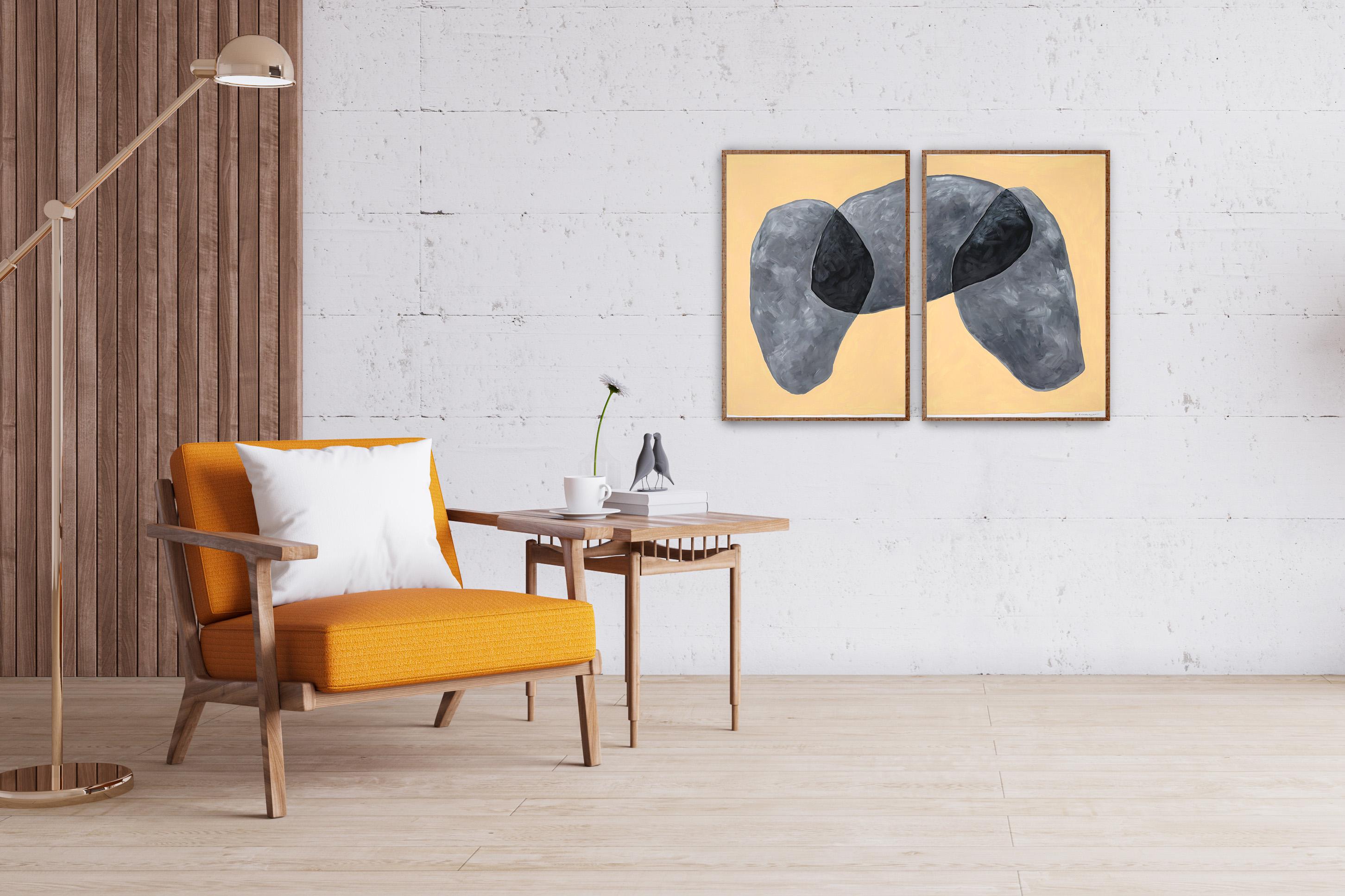 Dolmen Boulders, Abstract Diptych on Gray Tones, Tan Background, Geology Shapes - Naturalistic Painting by Ryan Rivadeneyra