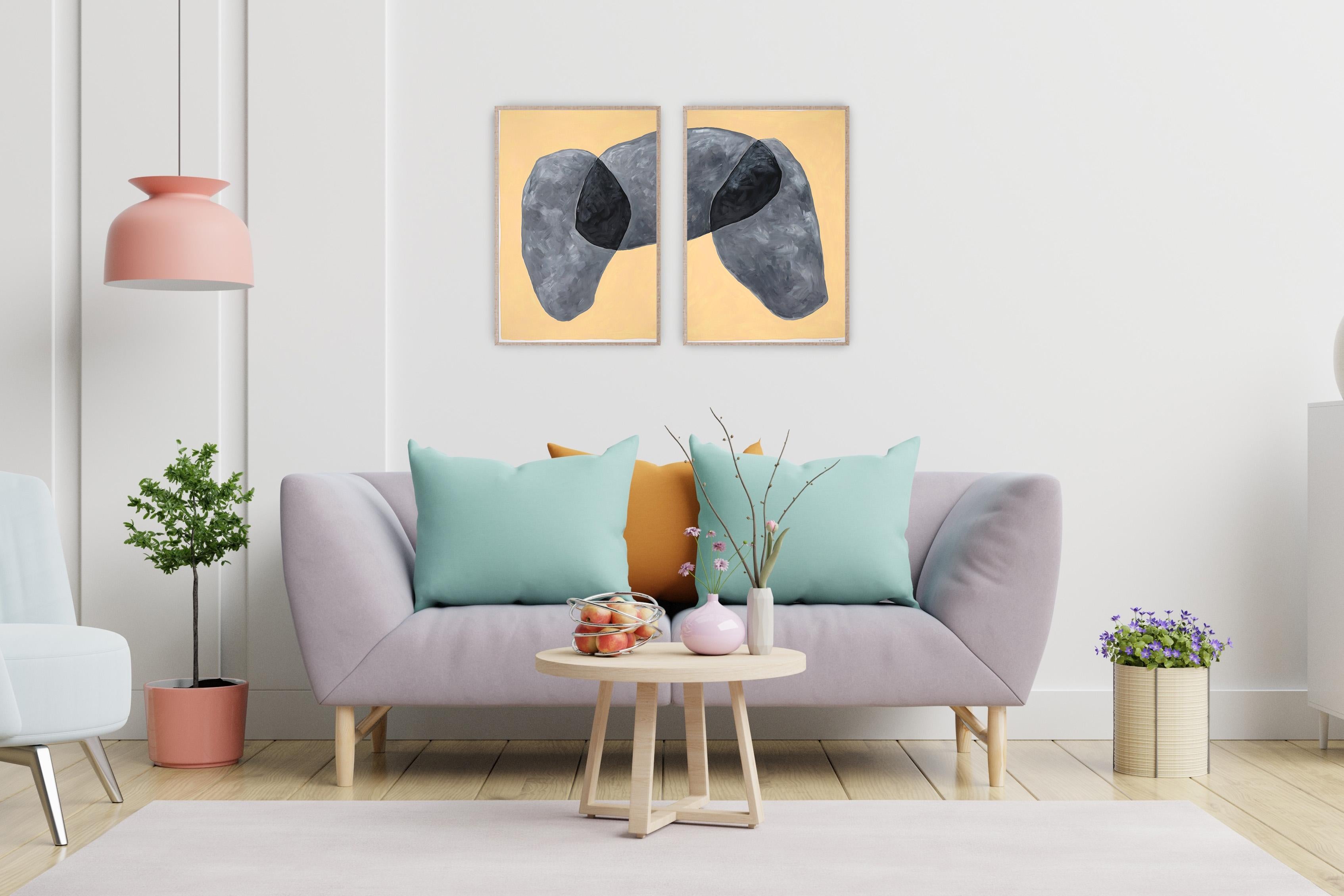 Dolmen Boulders, Abstract Diptych on Gray Tones, Tan Background, Geology Shapes - Beige Abstract Painting by Ryan Rivadeneyra