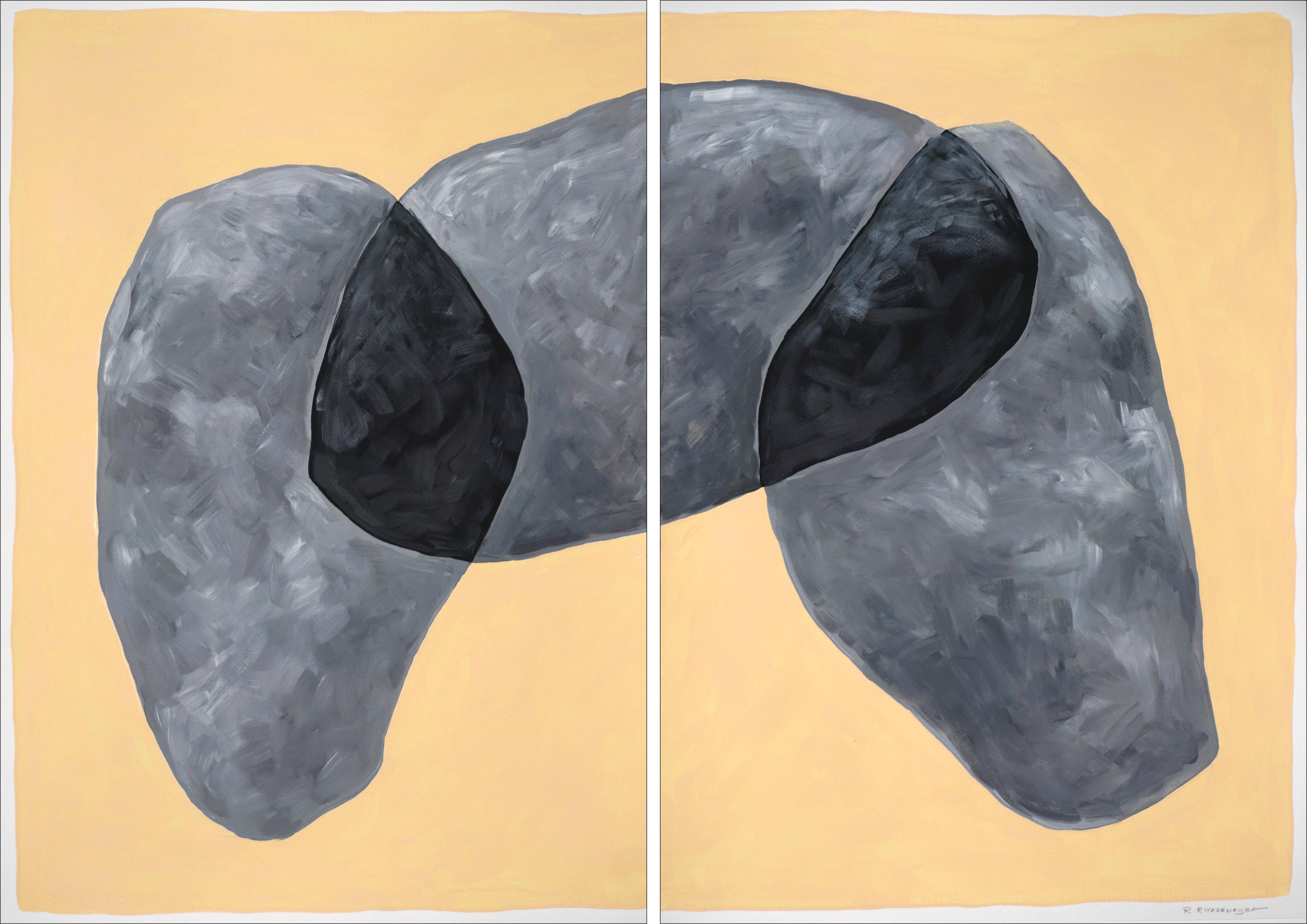 Ryan Rivadeneyra Abstract Painting - Dolmen Boulders, Abstract Diptych on Gray Tones, Tan Background, Geology Shapes