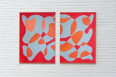 Fish in The Red Sea, Avant Garde, Abstract Shapes Diptych in Pink, Blue, Coral