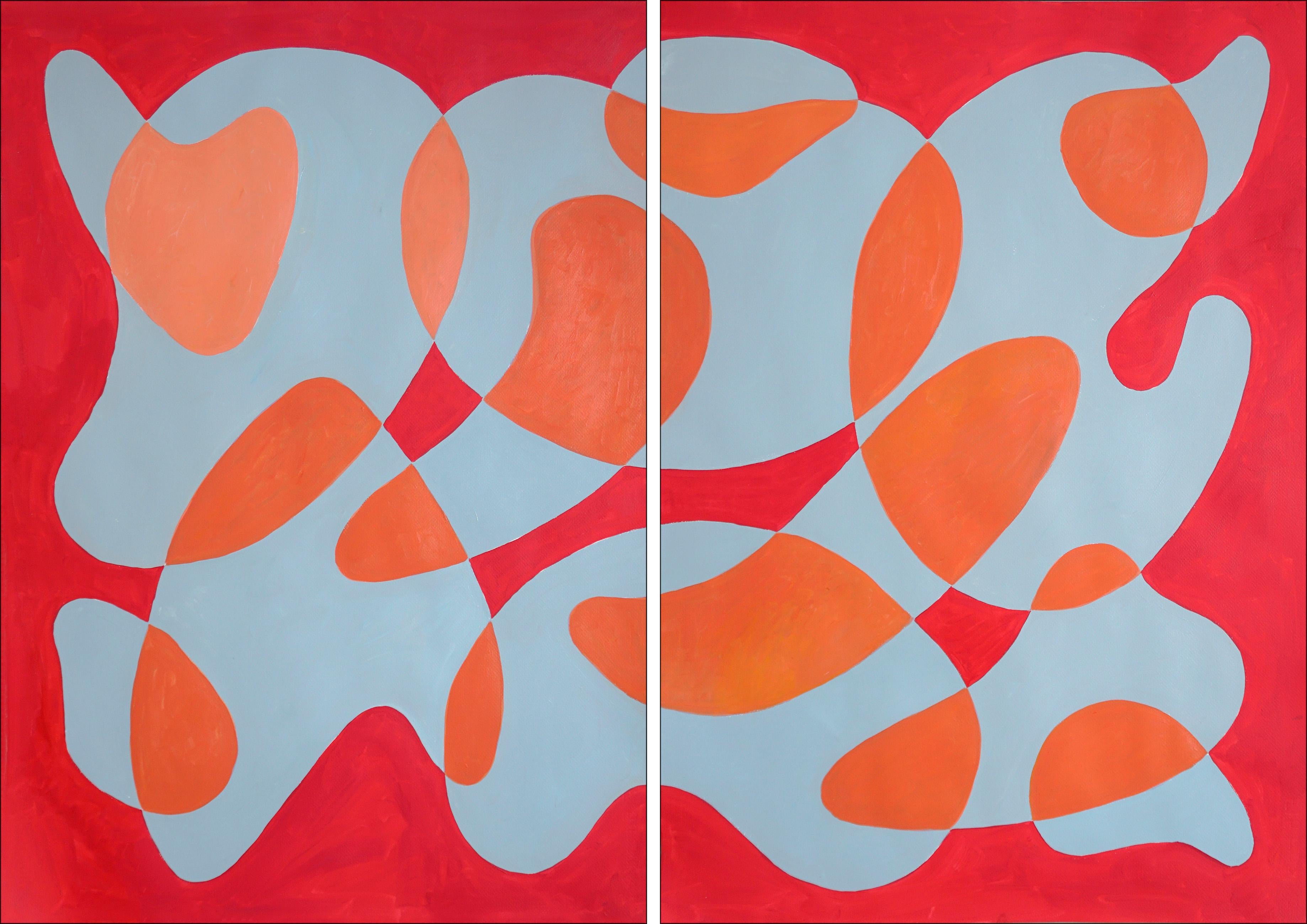 Fish in The Red Sea, Avant Garde, Abstract Shapes Diptych in Pink, Blue, Coral 
