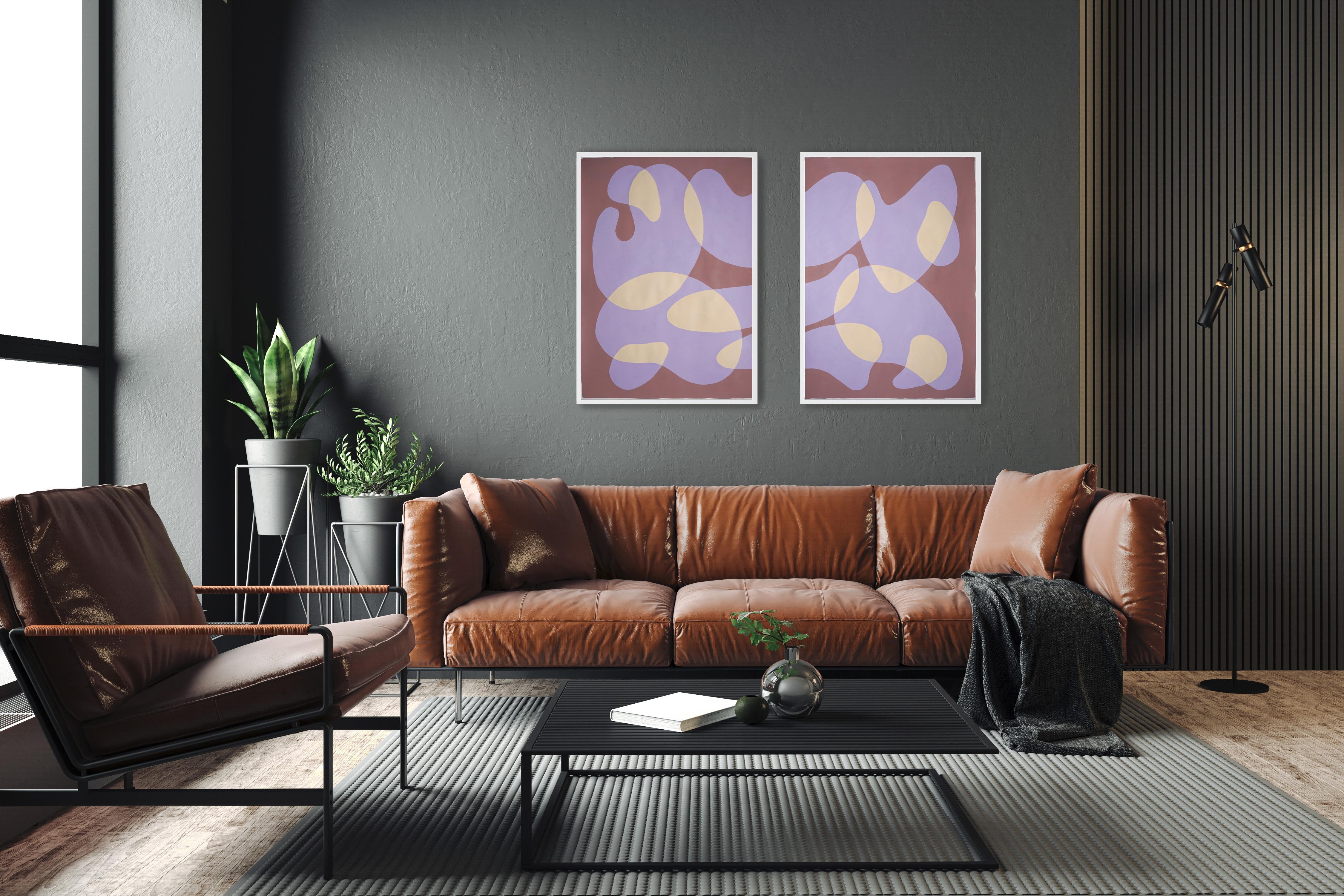 Floating Shapes in Mauve, Mid-Century Modern Abstract Diptych, Coral and Beige  - Painting by Ryan Rivadeneyra