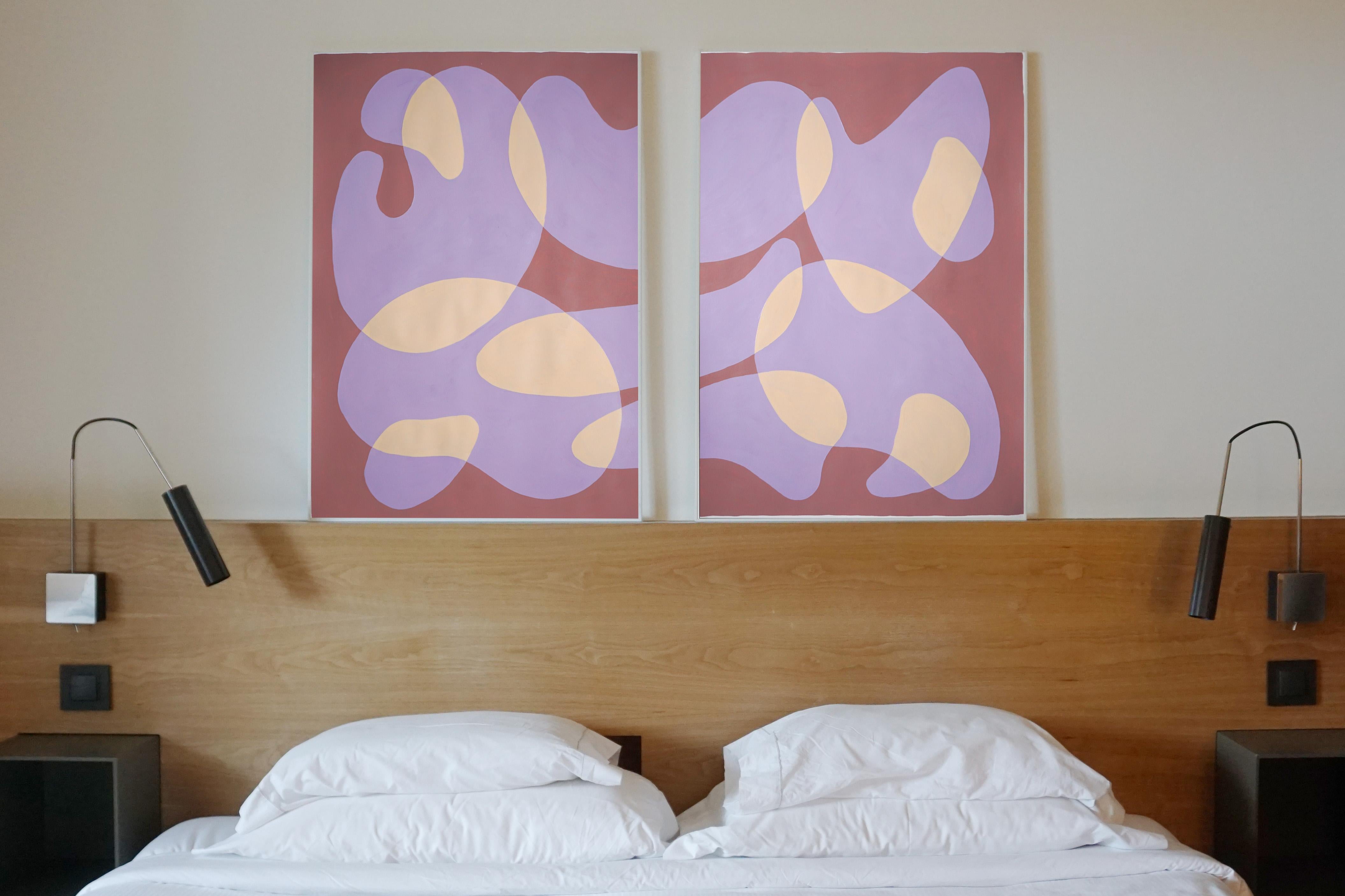 Floating Shapes in Mauve, Mid-Century Modern Abstract Diptych, Coral and Beige  2