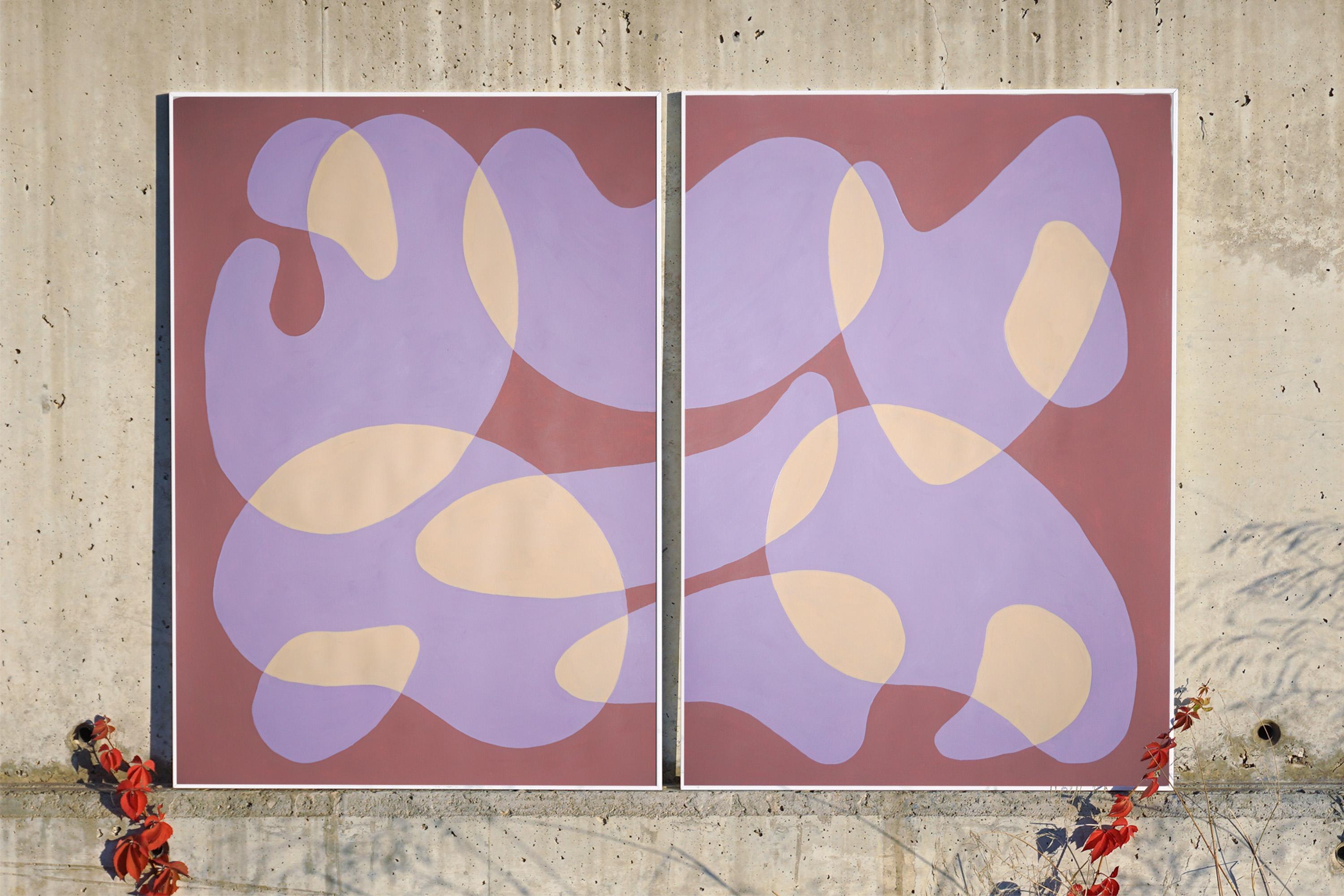 Floating Shapes in Mauve, Mid-Century Modern Abstract Diptych, Coral and Beige  4
