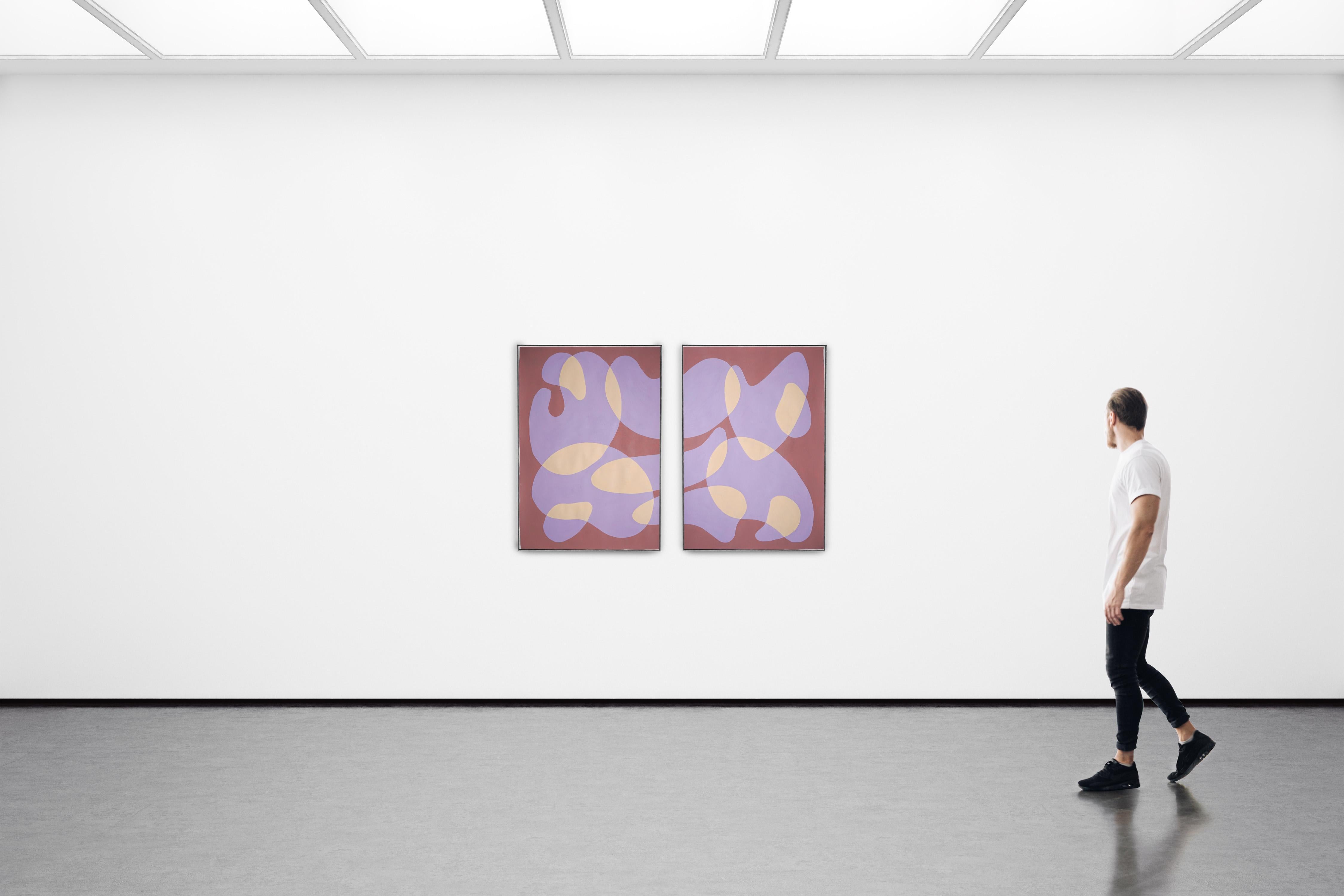 Floating Shapes in Mauve, Mid-Century Modern Abstract Diptych, Coral and Beige  5