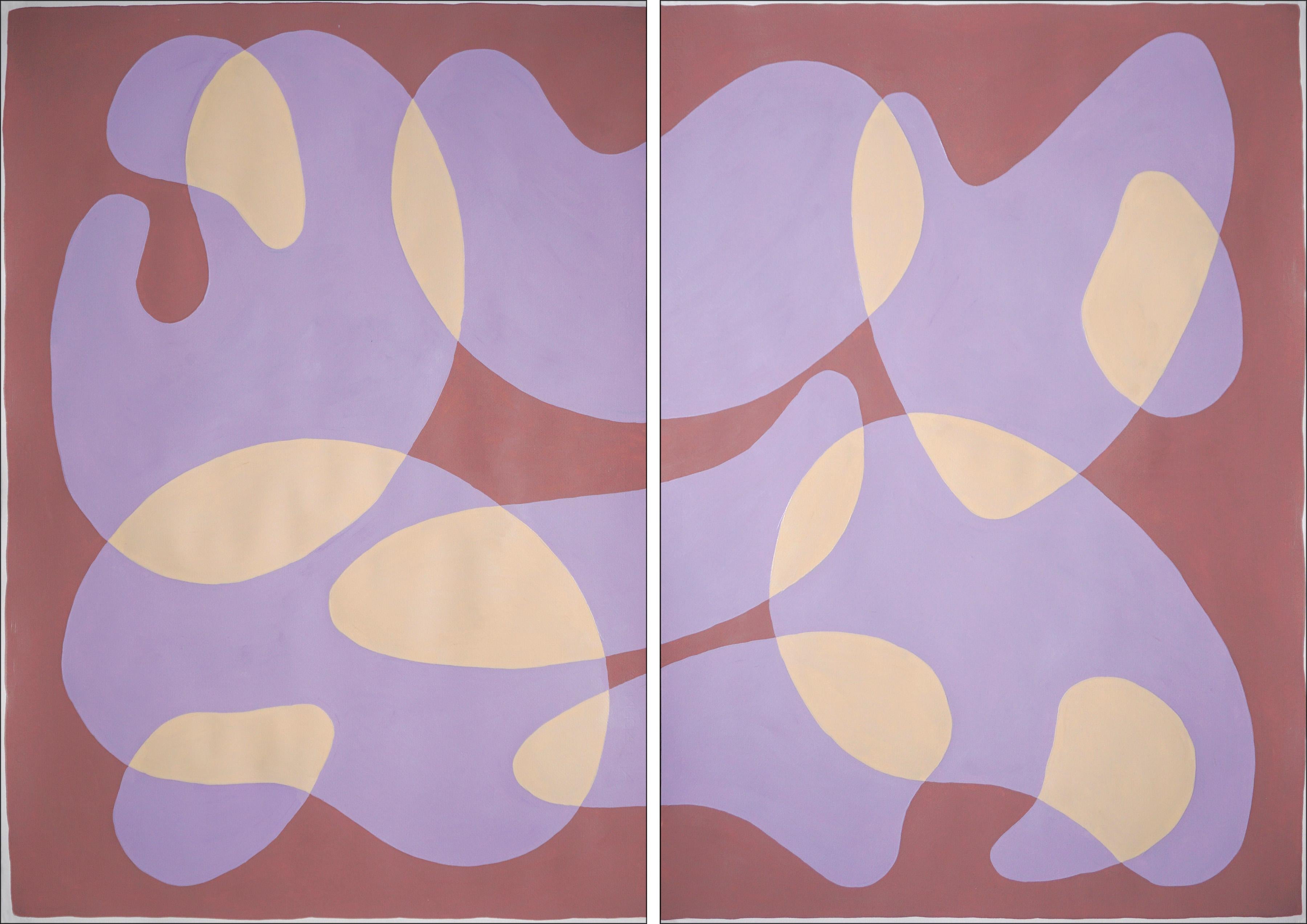 Floating Shapes in Mauve, Mid-Century Modern Abstract Diptych, Coral and Beige 