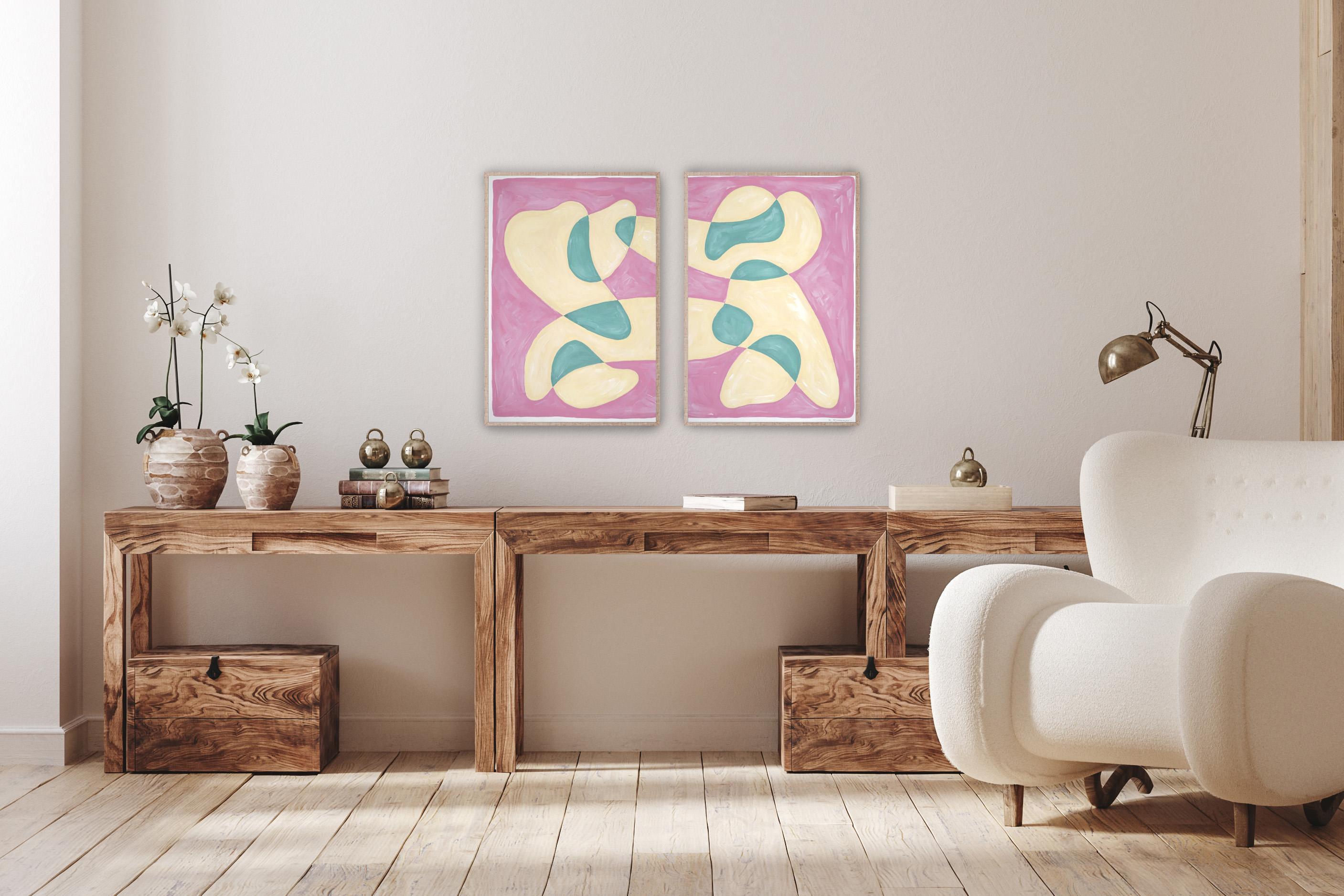 Flowing Bubble Shapes, Modern Diptych in Pastel Pink, Green and Yellow, Abstract - Painting by Ryan Rivadeneyra