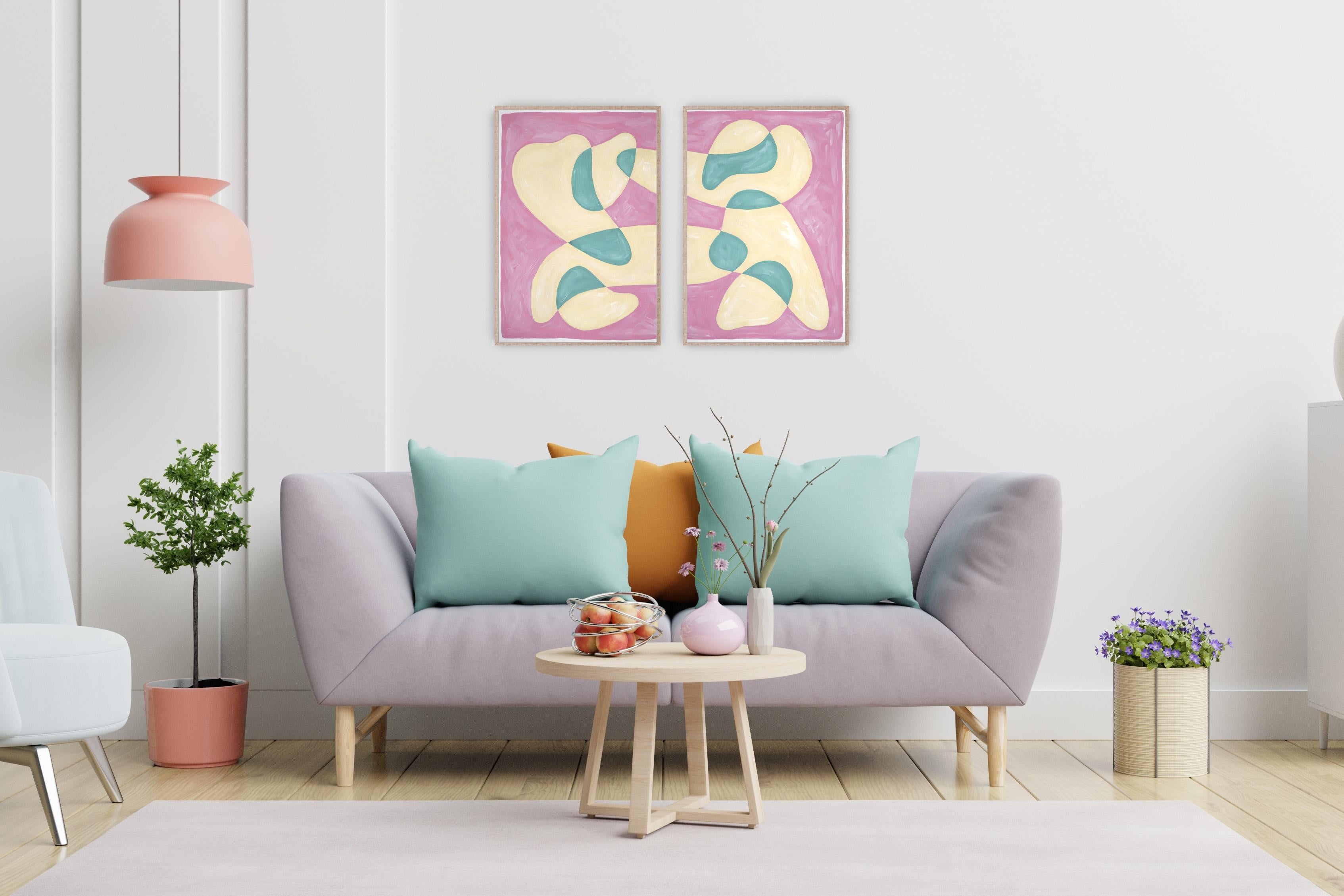 Flowing Bubble Shapes, Modern Diptych in Pastel Pink, Green and Yellow, Abstract 2