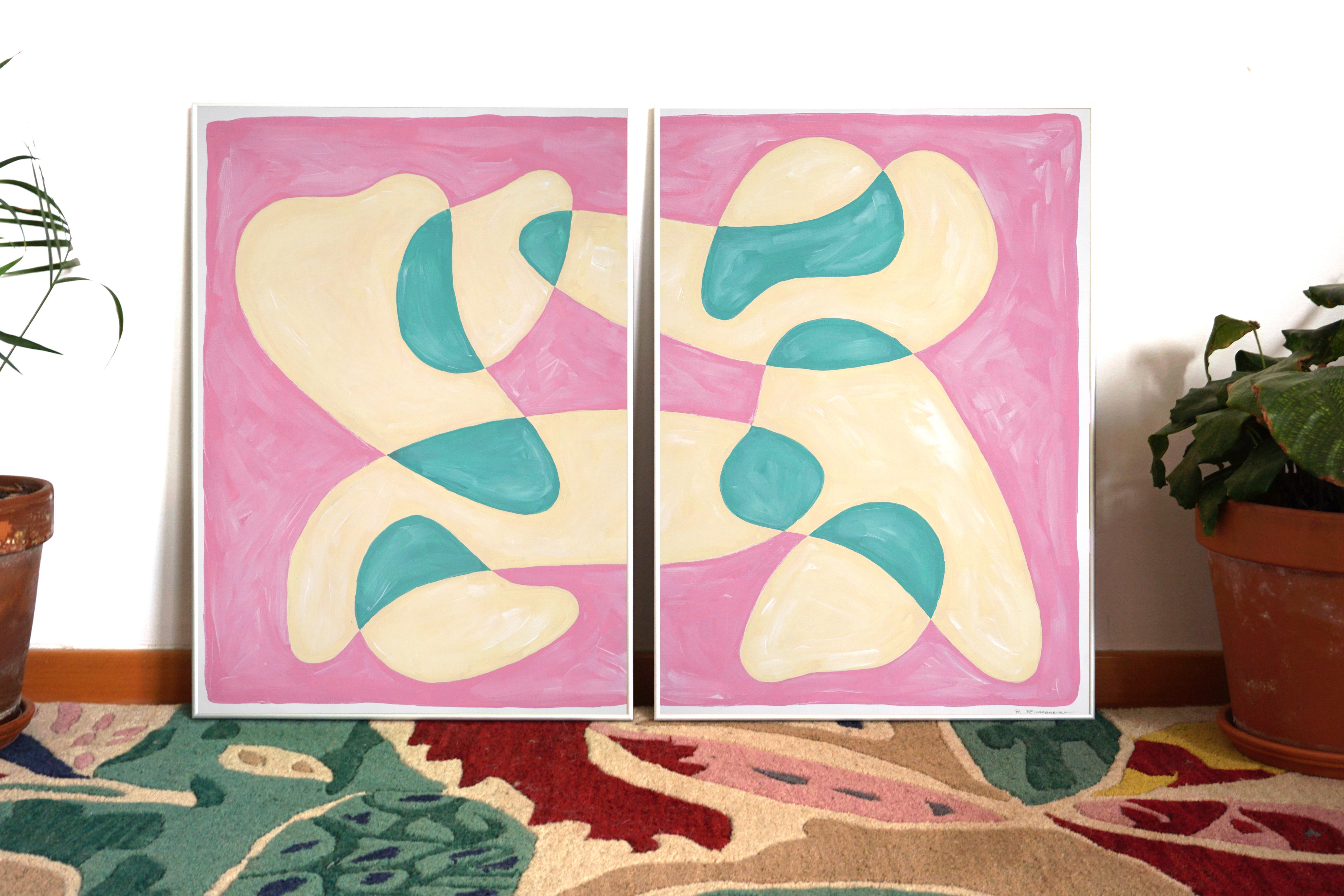 Flowing Bubble Shapes, Modern Diptych in Pastel Pink, Green and Yellow, Abstract 3