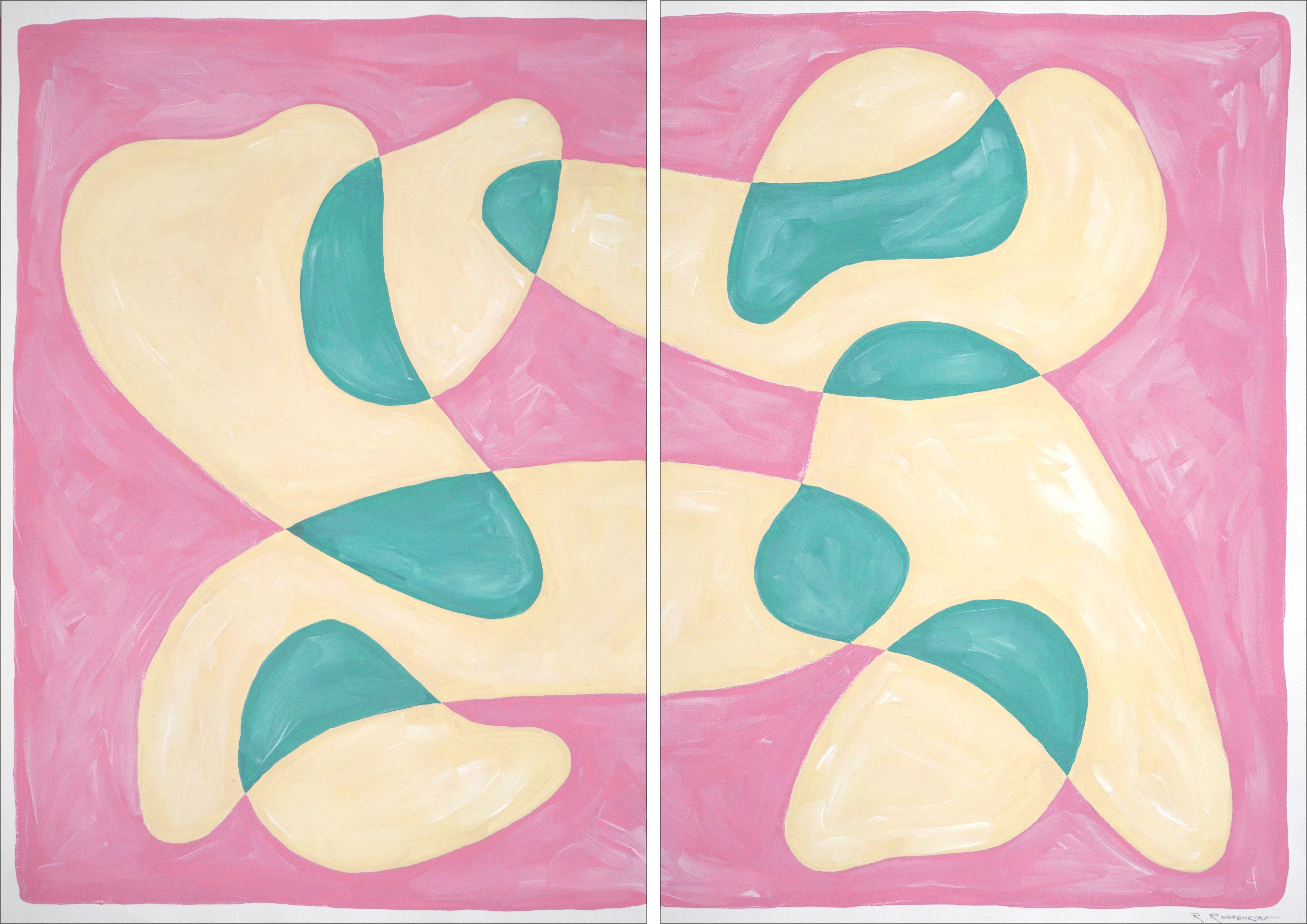 Ryan Rivadeneyra Abstract Painting - Flowing Bubble Shapes, Modern Diptych in Pastel Pink, Green and Yellow, Abstract