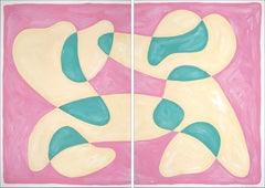 Flowing Bubble Shapes, Modern Diptych in Pastel Pink, Green and Yellow, Abstract
