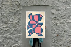 Futurist Geometric Homage, Blue and Pink, Positive vs Negative Circles & Squares