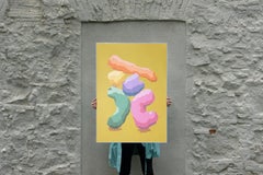 Futurist Monolith on Yellow, Abstract Render Totem Shapes, Rainbow Sculpture