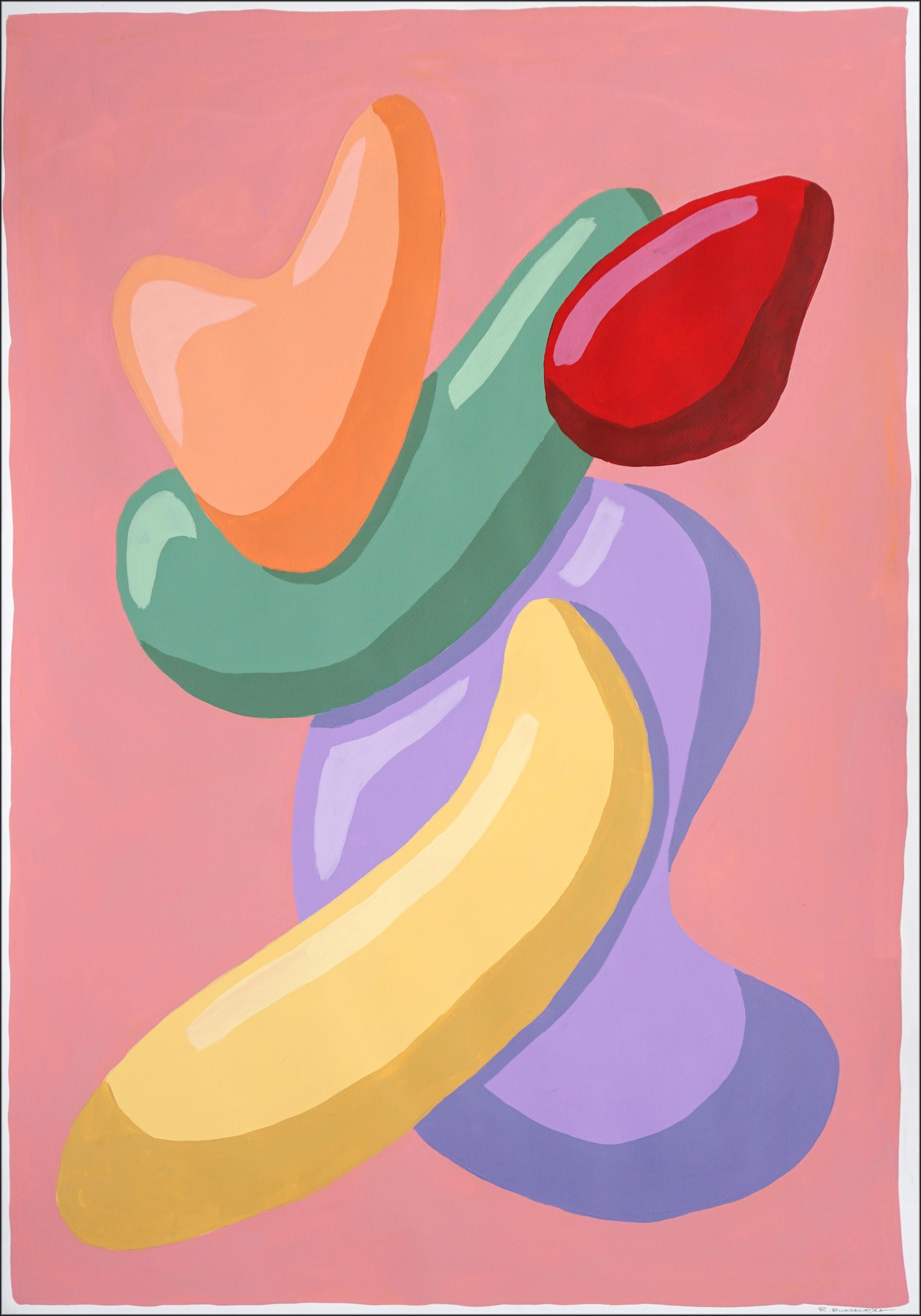 Abstract Painting di Ryan Rivadeneyra - Scultura totem futurista dai toni vivaci, marionette ballon moderniste su carta, 2024