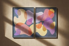 „Golden Hour Mobil“, organisches Diptychon, violette Formen im Mid-Century-Stil, Acrylfarbe