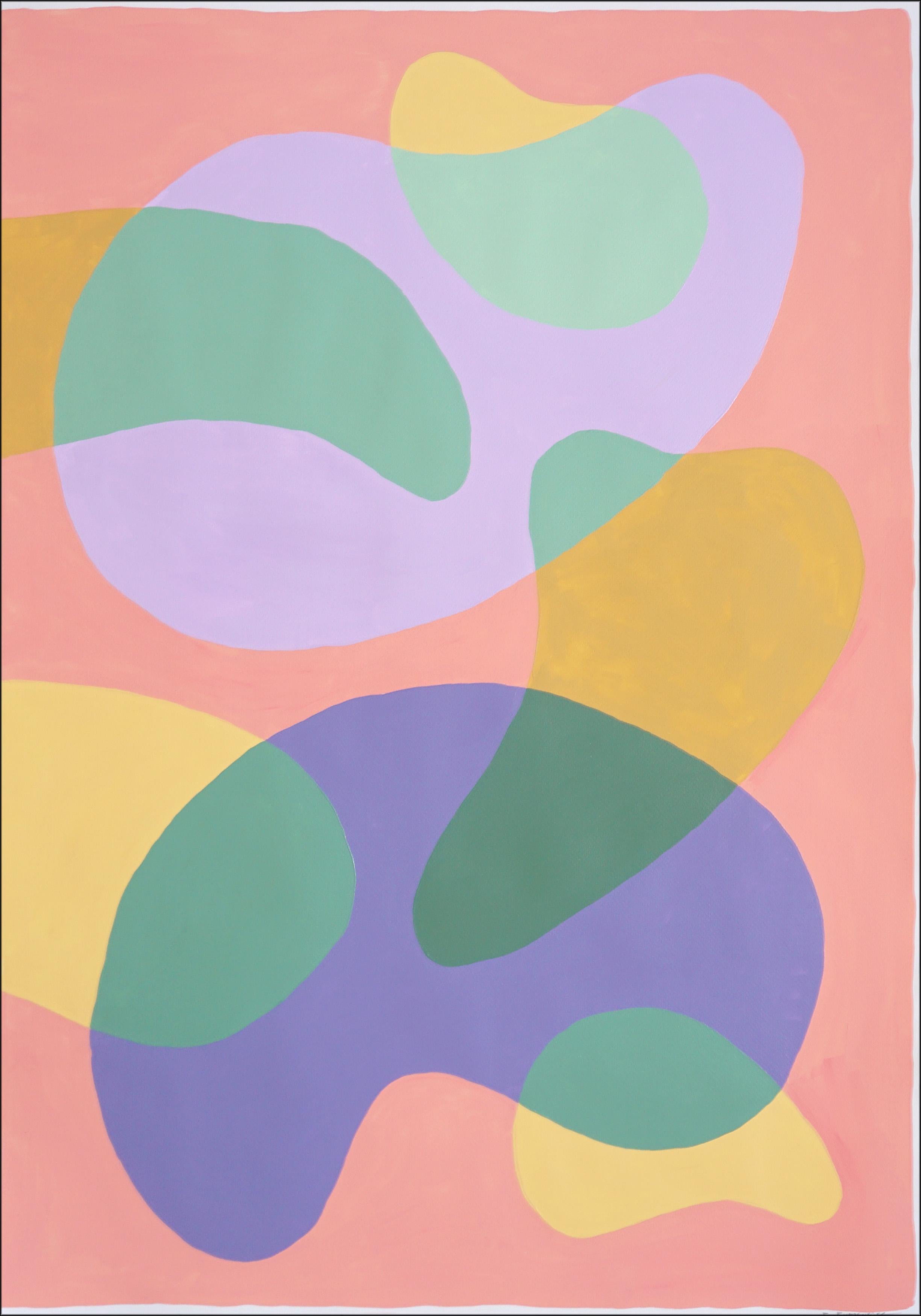 Questo squisito dipinto acrilico su carta trae ispirazione dai maestri modernisti degli anni '50, '60 e '70, con una raffinata composizione di forme organiche e simili a gemme. L'opera d'arte fonde semplicità e raffinatezza, utilizzando curve