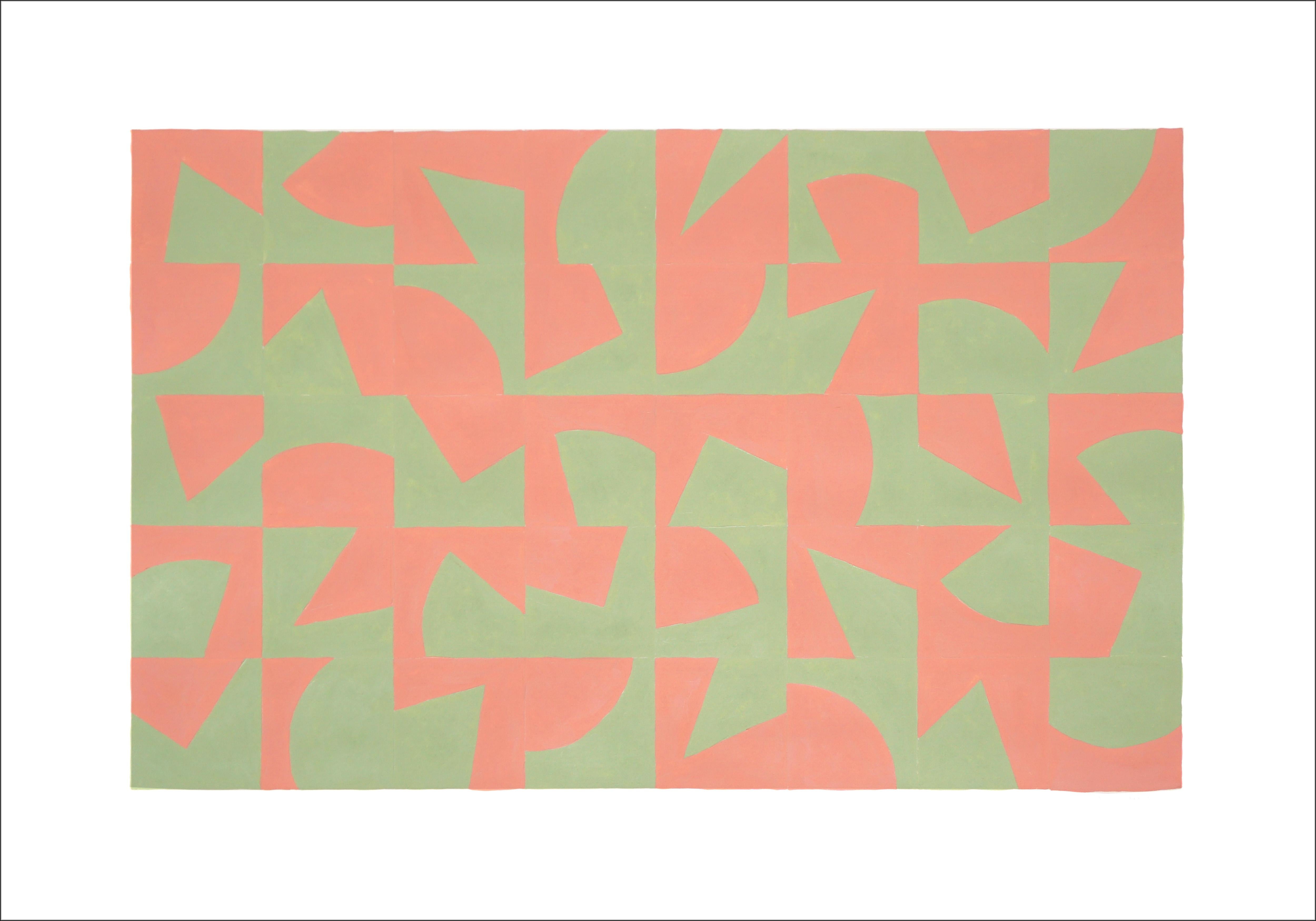 Green and Pink Visual Exercise, Horizontal Tile Patterns, Abstract Hieroglyphics