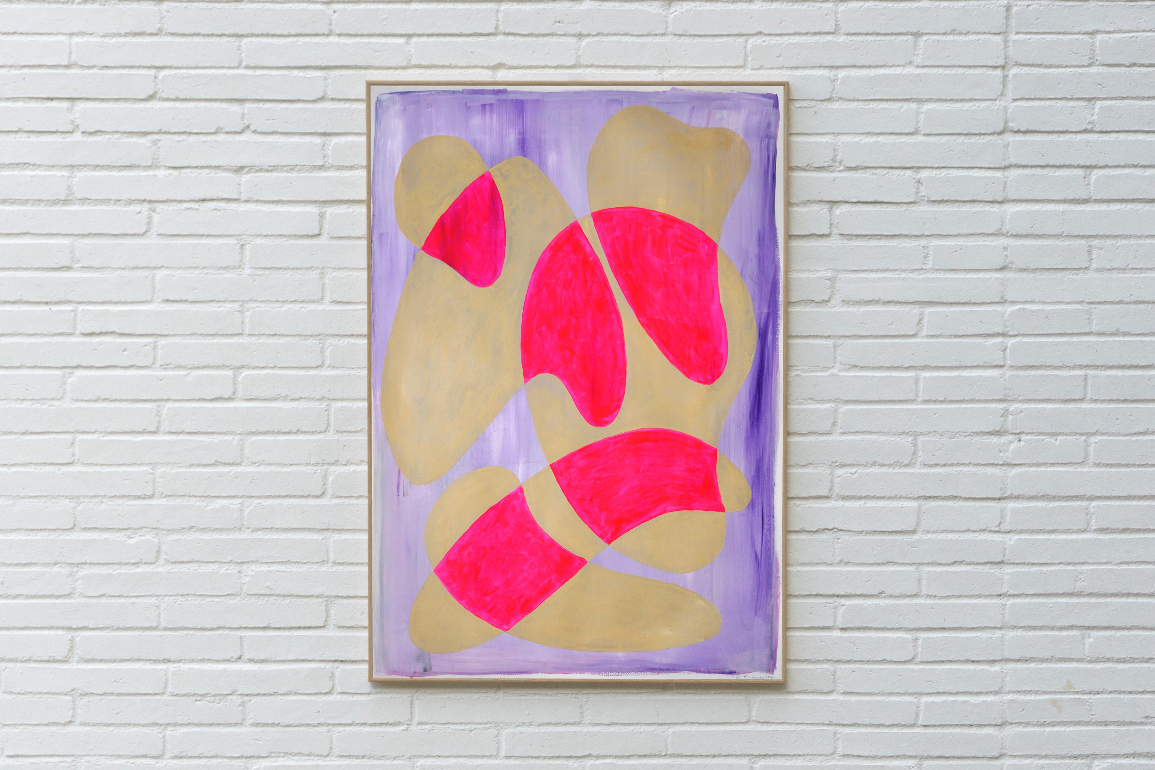 Hot Pink and Cream Curves, Avant Garde Shapes with Soft Urban Style Background  - White Abstract Painting by Ryan Rivadeneyra