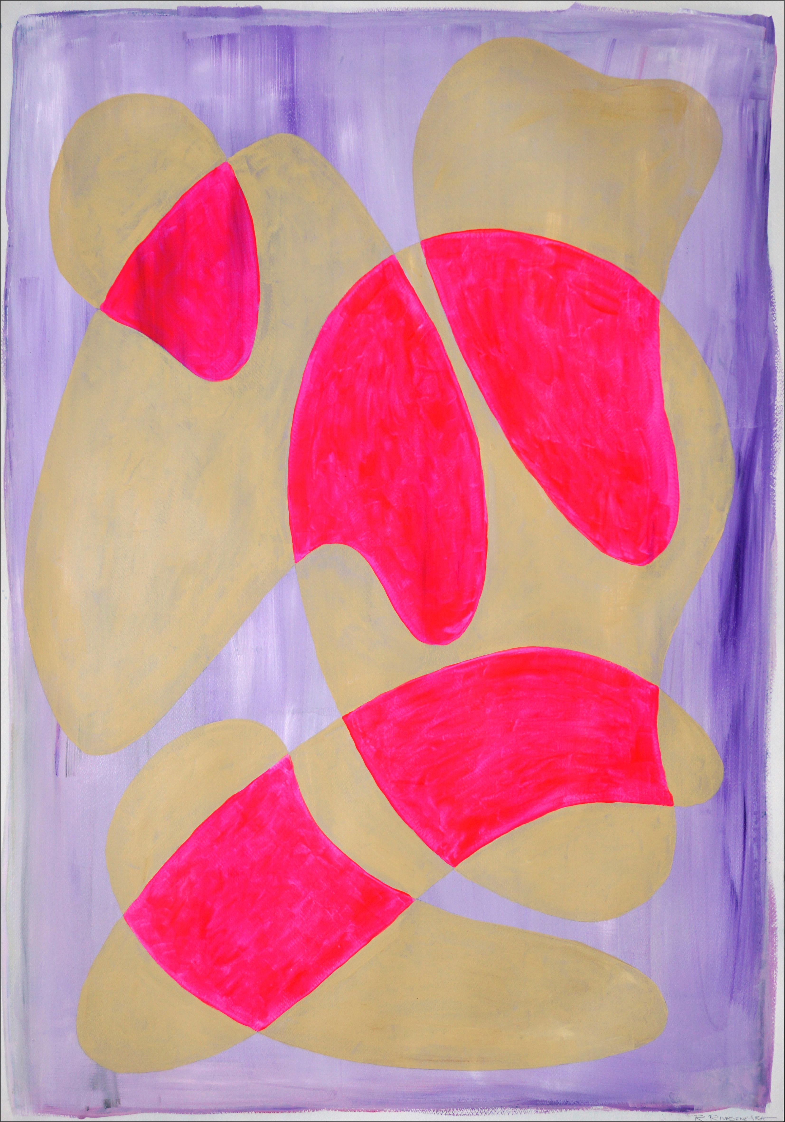 Ryan Rivadeneyra Abstract Painting - Hot Pink and Cream Curves, Avant Garde Shapes with Soft Urban Style Background 