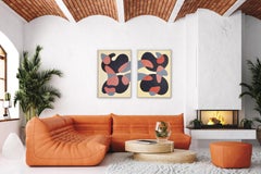 Lights and Shadows, Mid-Century Modern Abstract Shapes Diptych, Black, Red Gray