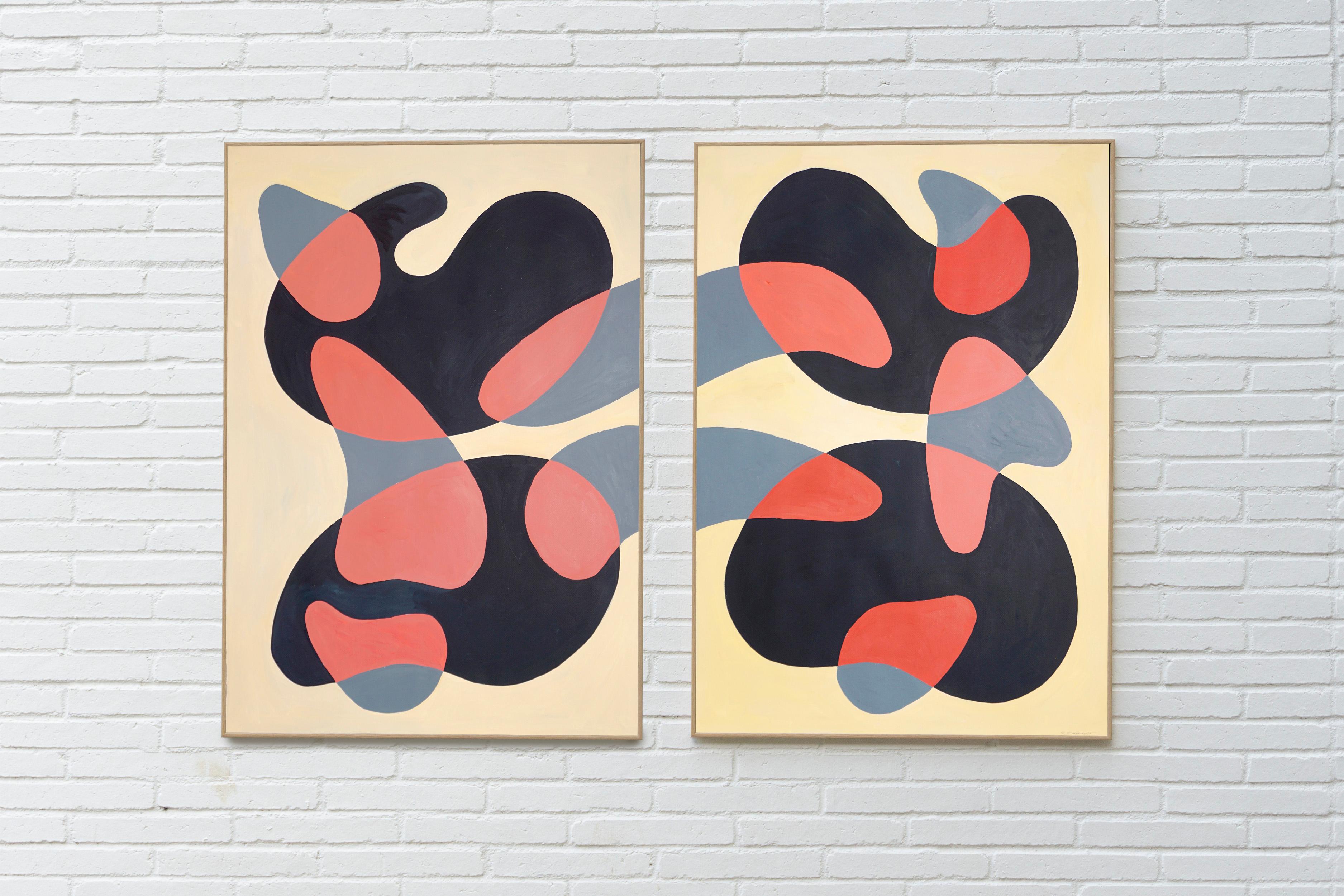 Lights and Shadows, Mid-Century Modern Abstract Shapes Diptych, Black, Red Gray  3