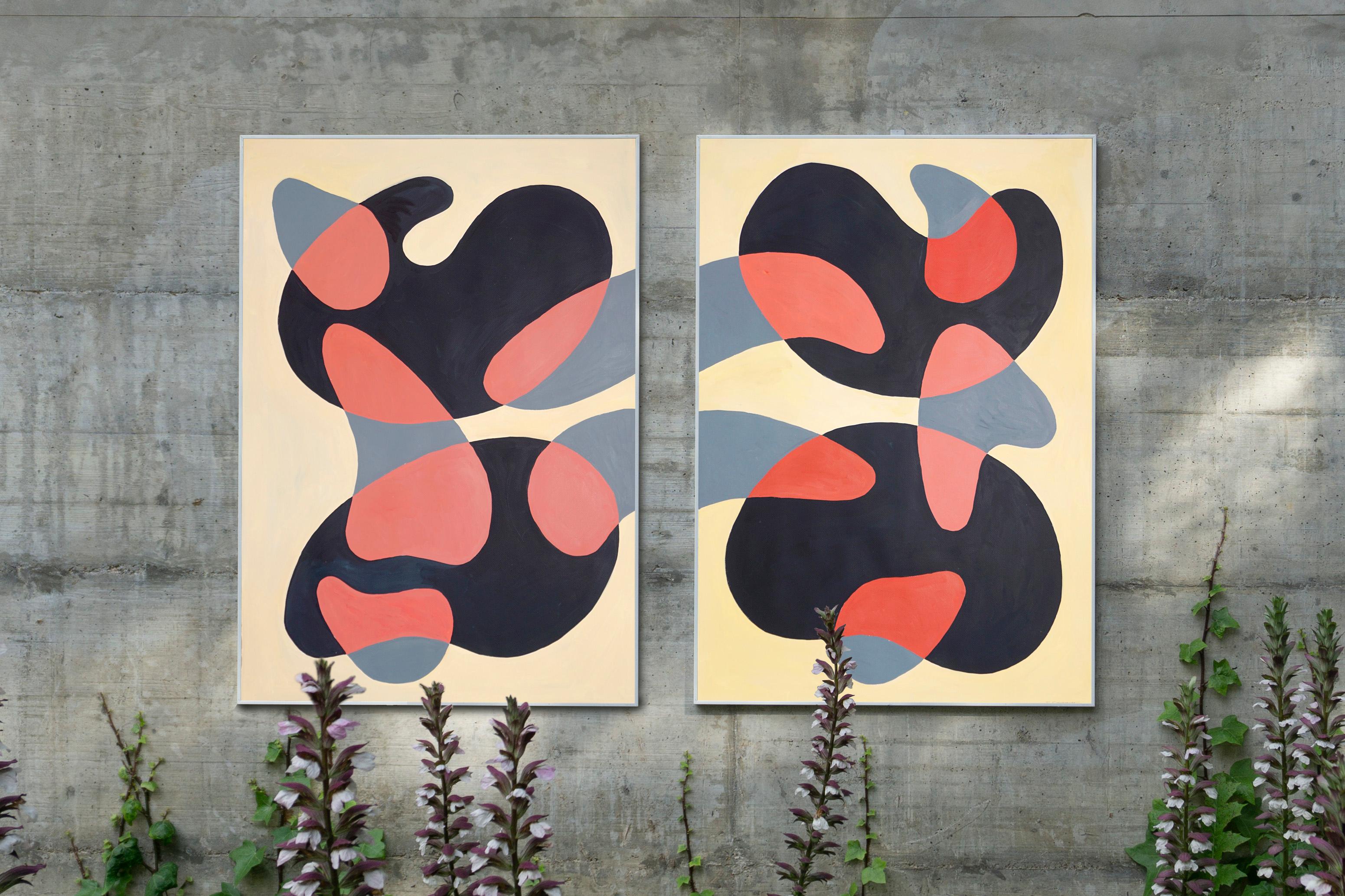 Lights and Shadows, Mid-Century Modern Abstract Shapes Diptych, Black, Red Gray  6