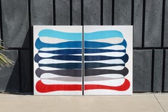 Looping Horizon, Organic Minimalist Diptych in Blue and Red, Color Band Elipse