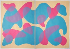 Diptyque abstrait de style du milieu du siècle dernier en géométrie magenta, cyan et brun clair, langage de signature