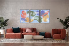 Mid-Century Modern Painting Coral Curves, Abstract Shapes Triptych, Pastel Tones