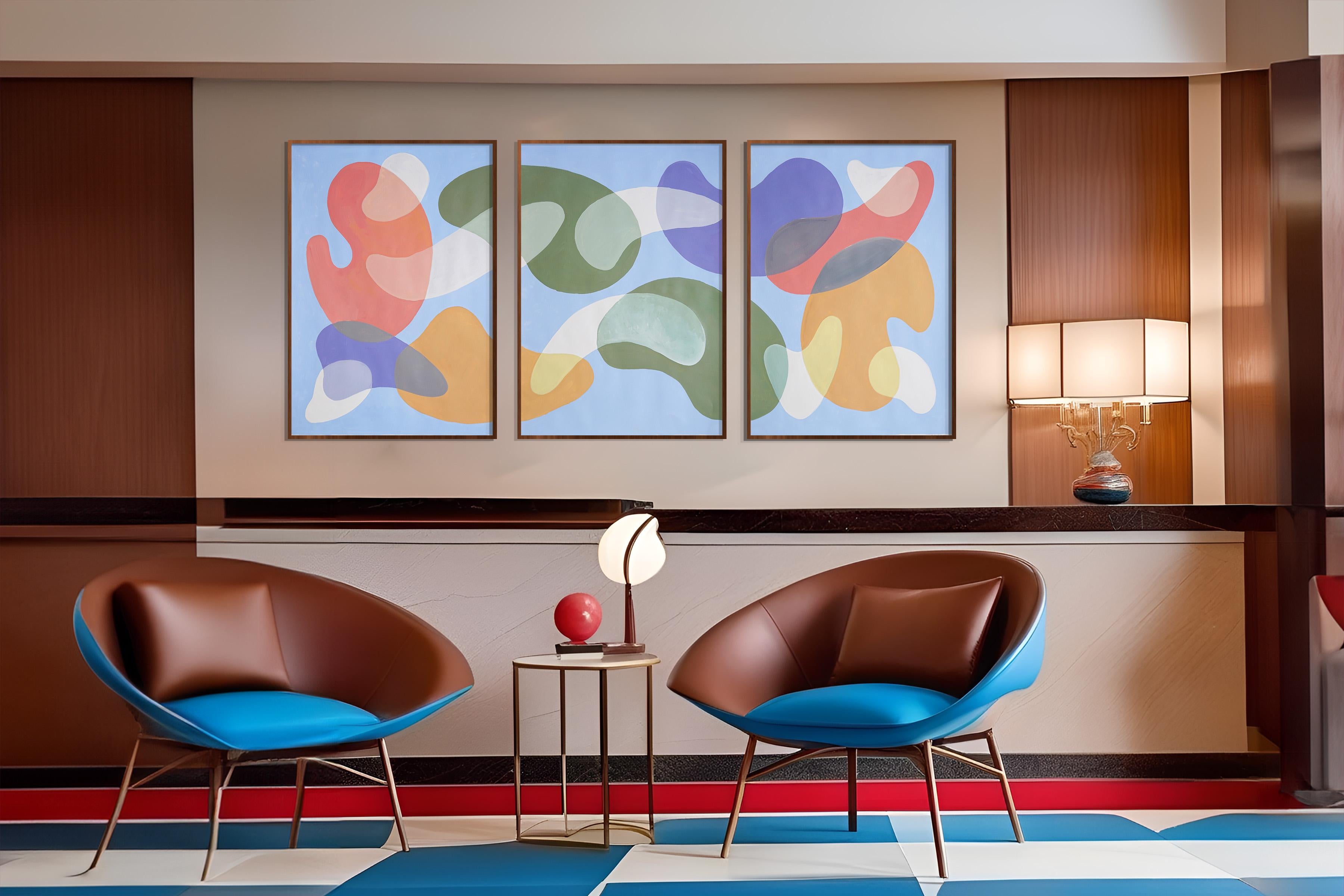 Peinture moderne du milieu du siècle dernier, courbes corail, formes abstraites Triptyque, tons pastel 3