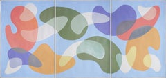 Mid-Century Modern Painting Coral Curves, Abstract Shapes Triptych, Pastel Tones