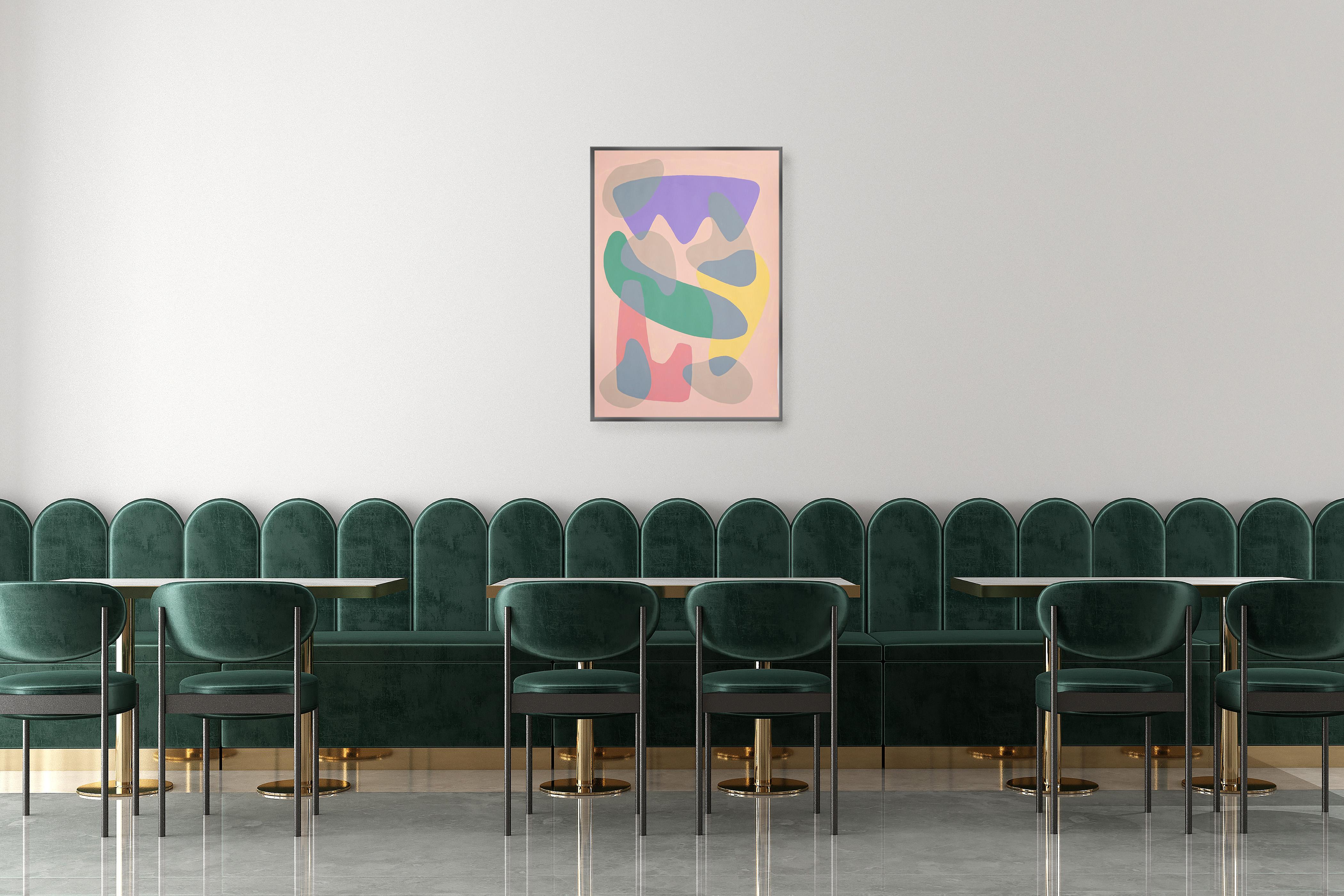 Pintura de Formas Modernas de Mediados de Siglo de Curvas Coloreadas en Pastel, Acrílico sobre Papel - Abstract Painting Beige de Ryan Rivadeneyra