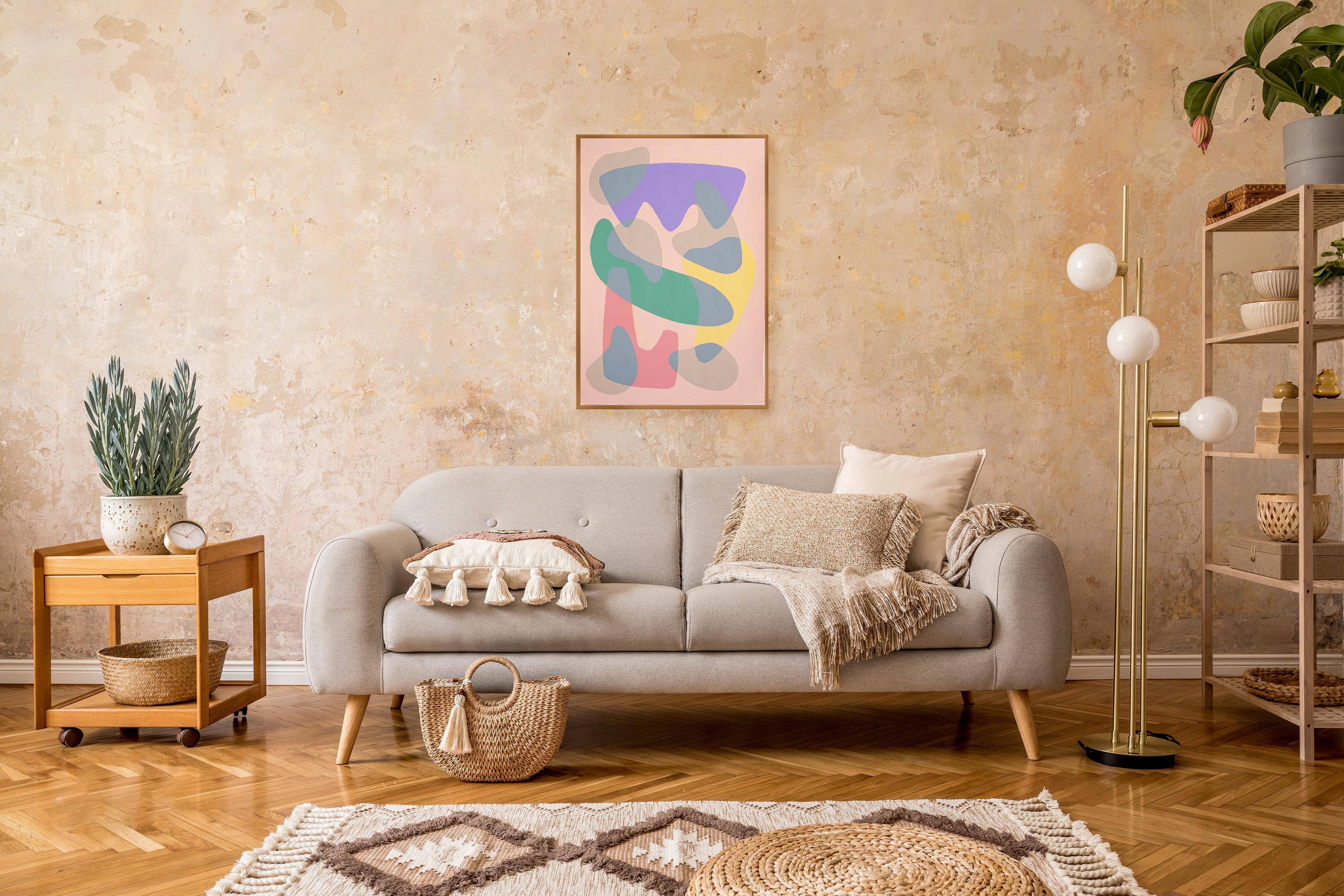 Pintura de Formas Modernas de Mediados de Siglo de Curvas Coloreadas en Pastel, Acrílico sobre Papel en venta 2