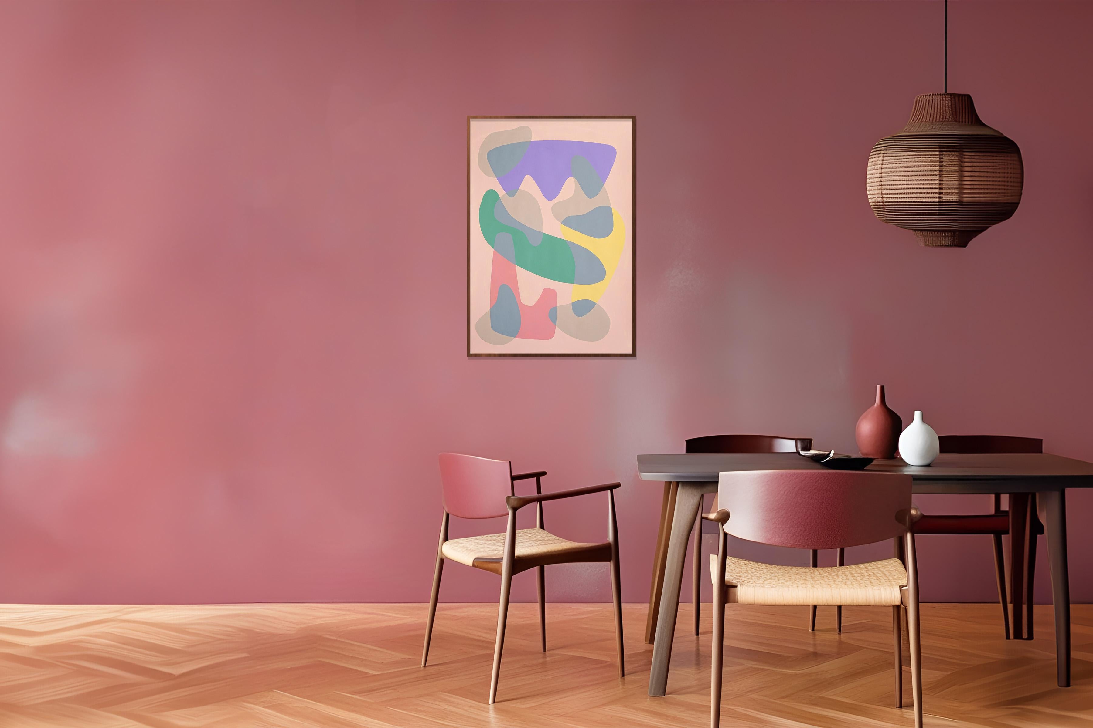 Pintura de Formas Modernas de Mediados de Siglo de Curvas Coloreadas en Pastel, Acrílico sobre Papel en venta 3