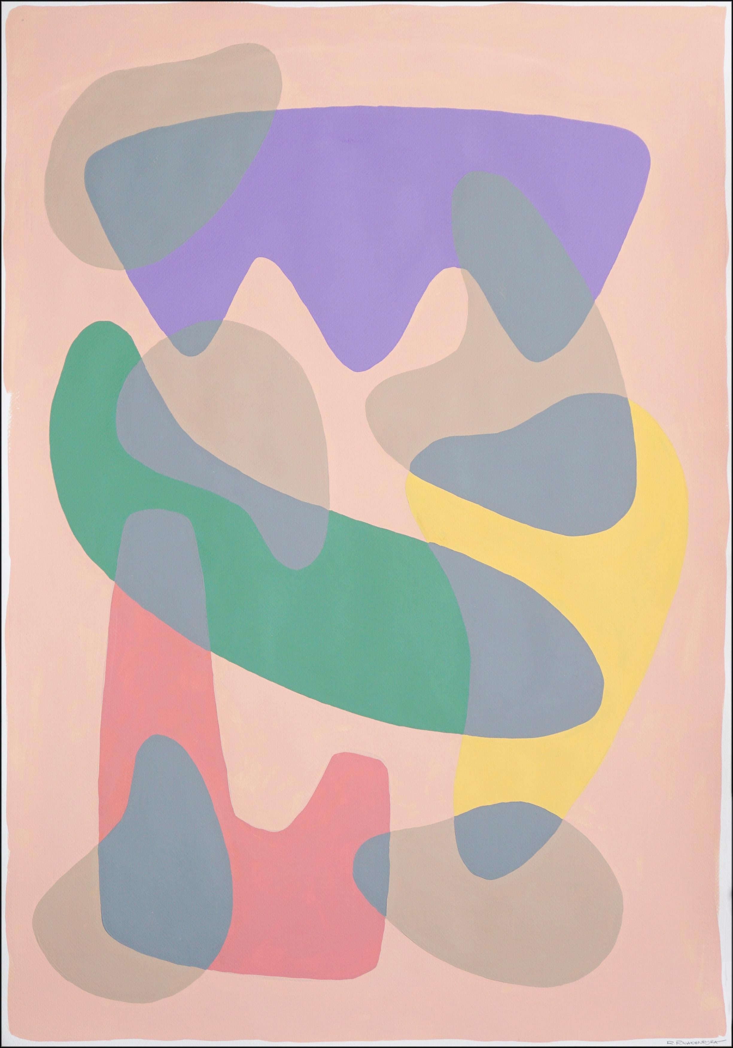 Abstract Painting de Ryan Rivadeneyra - Pintura de Formas Modernas de Mediados de Siglo de Curvas Coloreadas en Pastel, Acrílico sobre Papel
