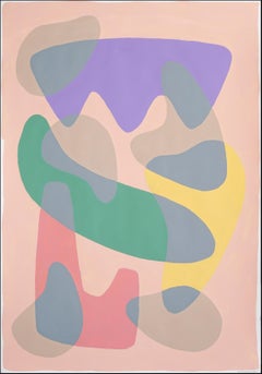 Mid-Century Modern Shapes Painting of Pastel Coloured Curves, Acrylic on Paper