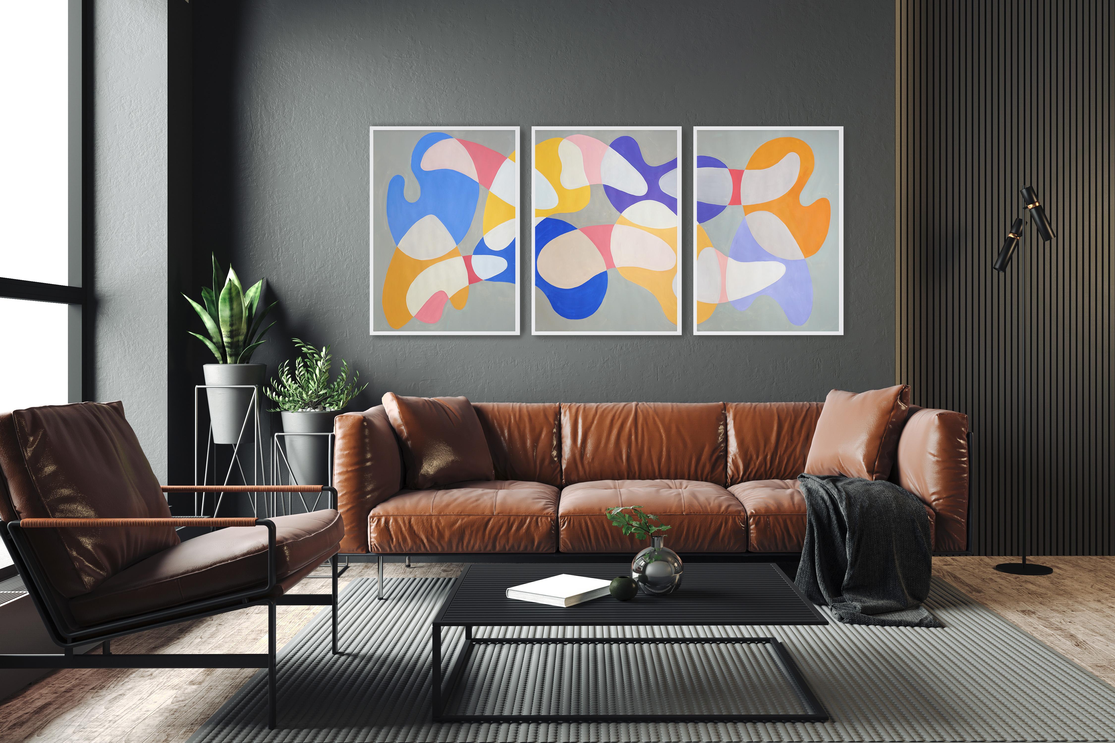 Mobile Shapes and Curves, Pastel Tones Triptych, Organic Modern Shapes on Paper - Painting by Ryan Rivadeneyra