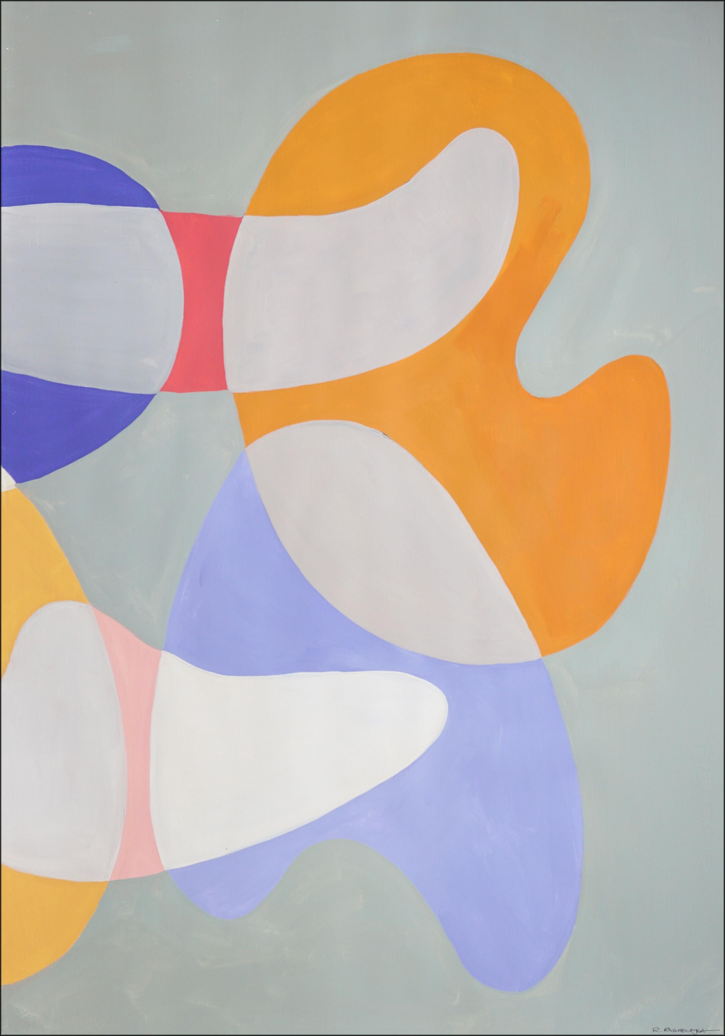 Mobile Shapes and Curves,  is an original painting that presents a lyrical study in movement and form. This large-scale triptych orchestrates a dance of organic silhouettes across a white field, where the negative space becomes as present and active
