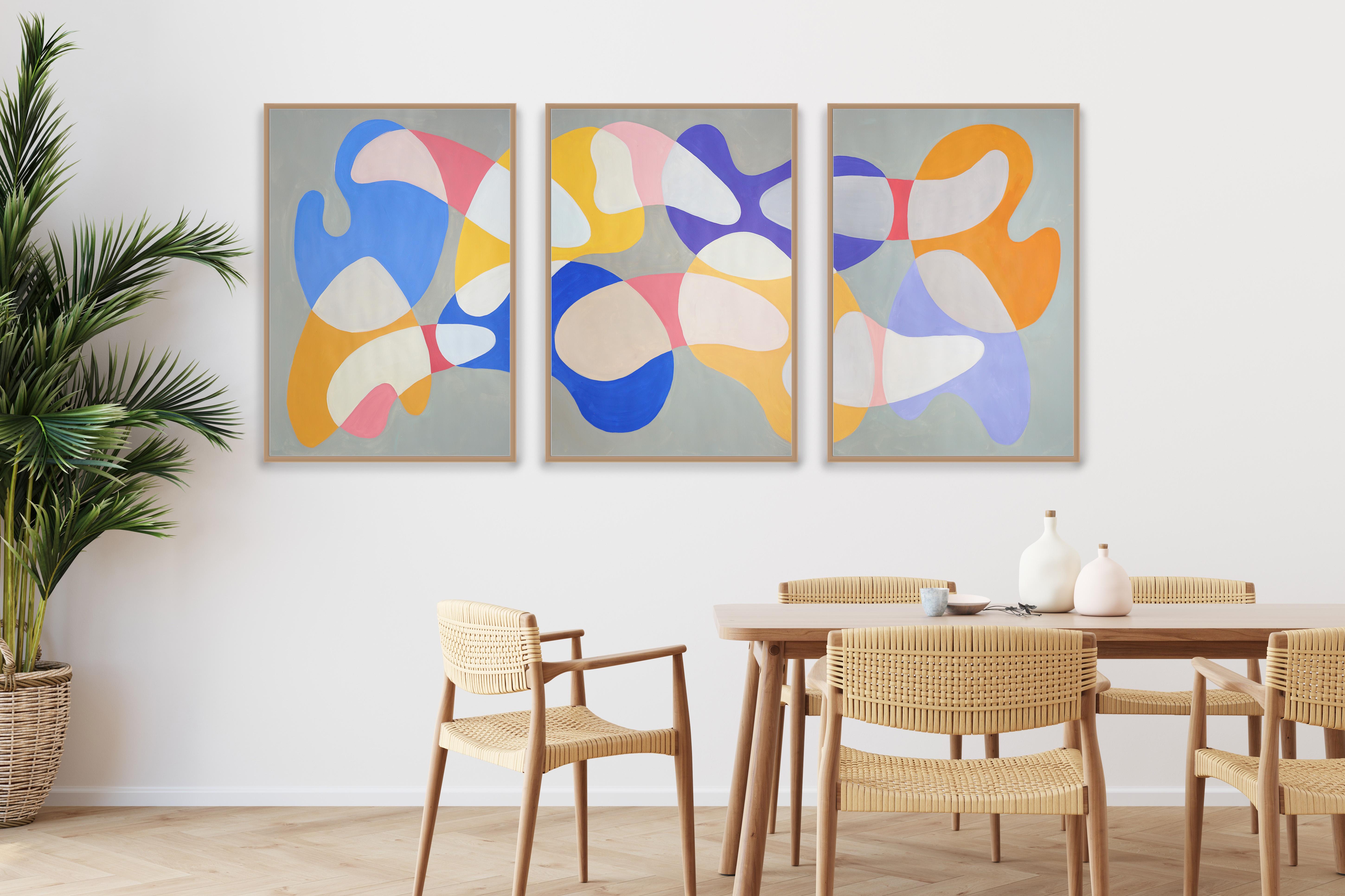 Mobile Shapes and Curves, Pastel Tones Triptych, Organic Modern Shapes on Paper For Sale 1