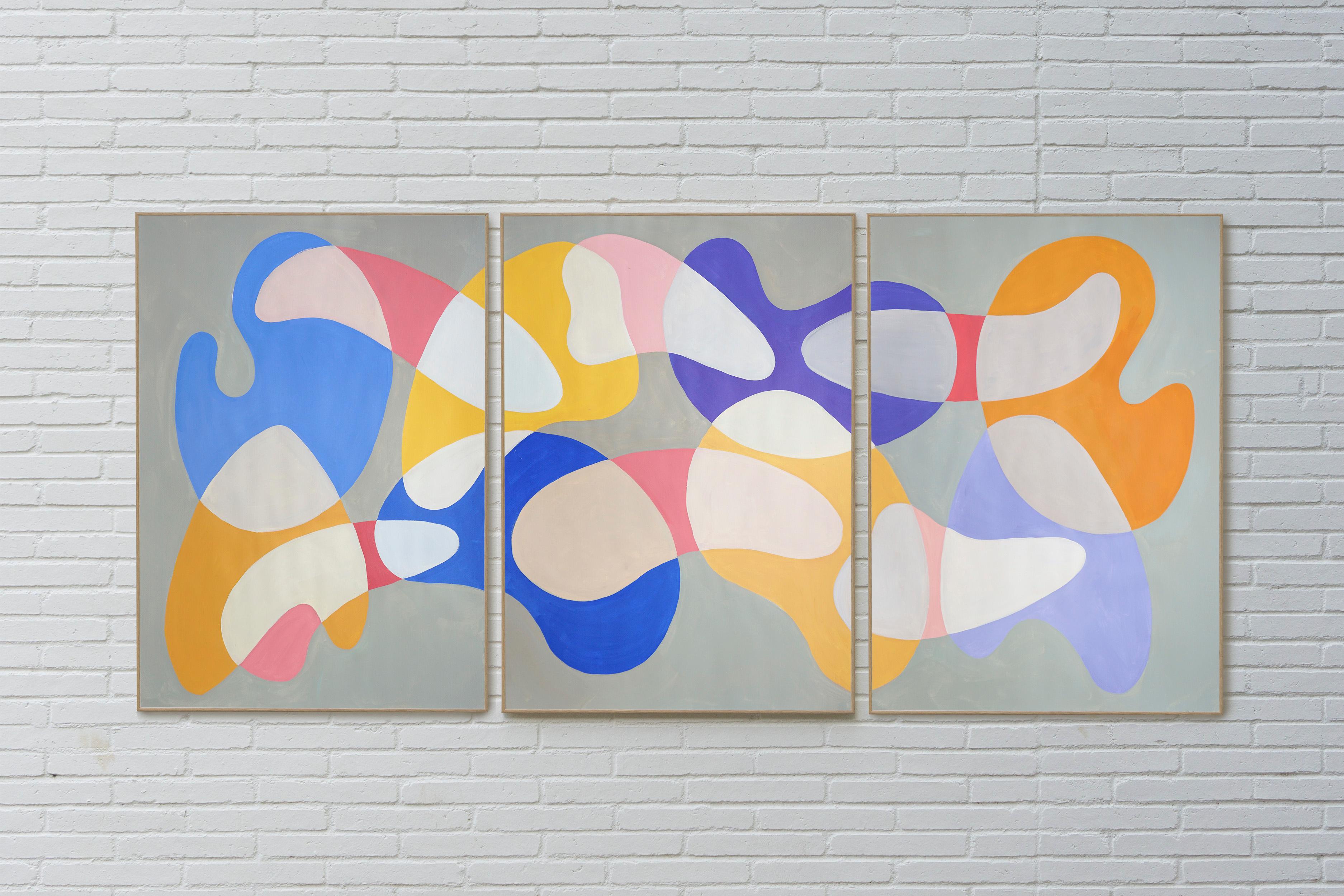 Mobile Shapes and Curves, Pastel Tones Triptych, Organic Modern Shapes on Paper For Sale 2