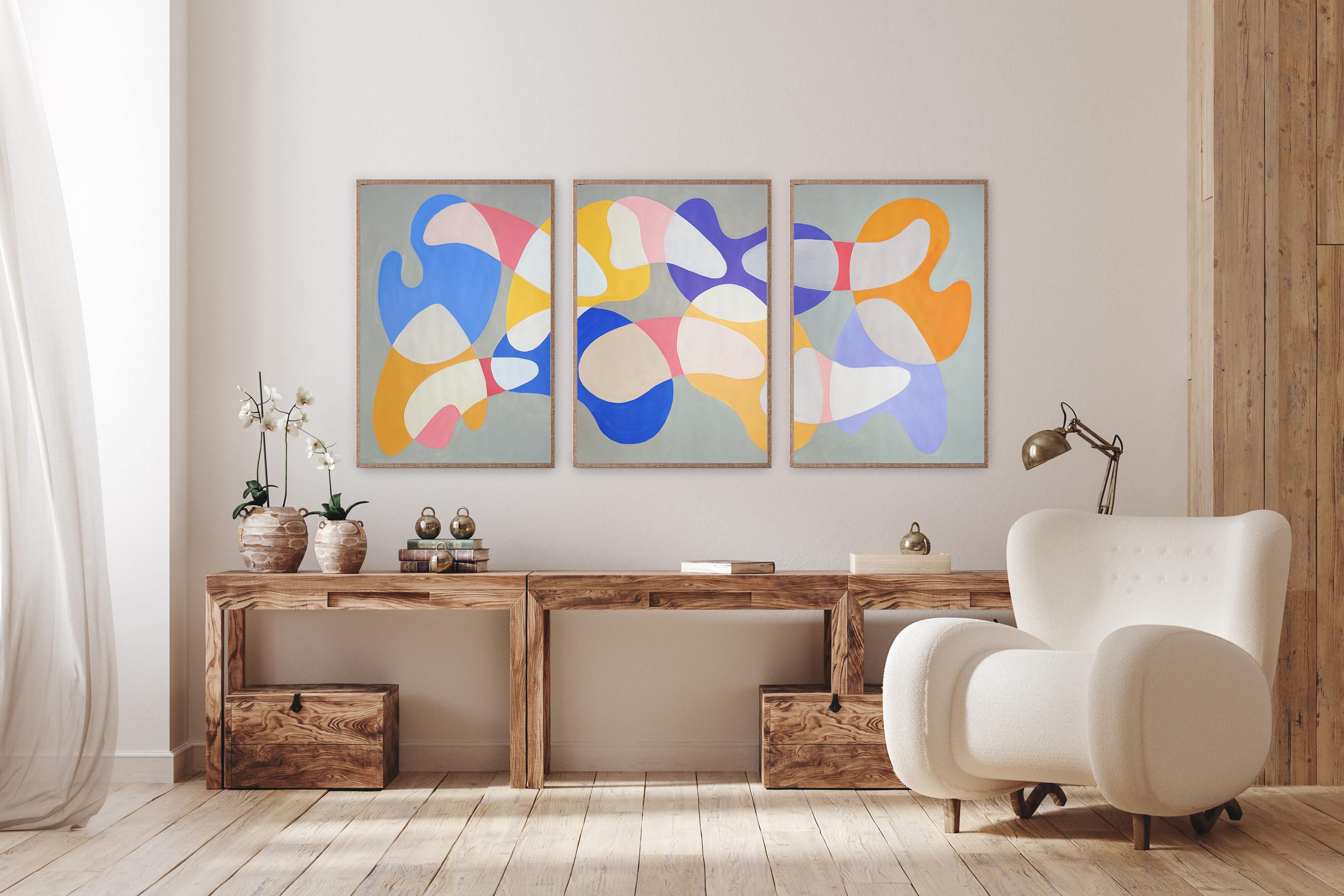 Mobile Shapes and Curves, Pastel Tones Triptych, Organic Modern Shapes on Paper For Sale 4