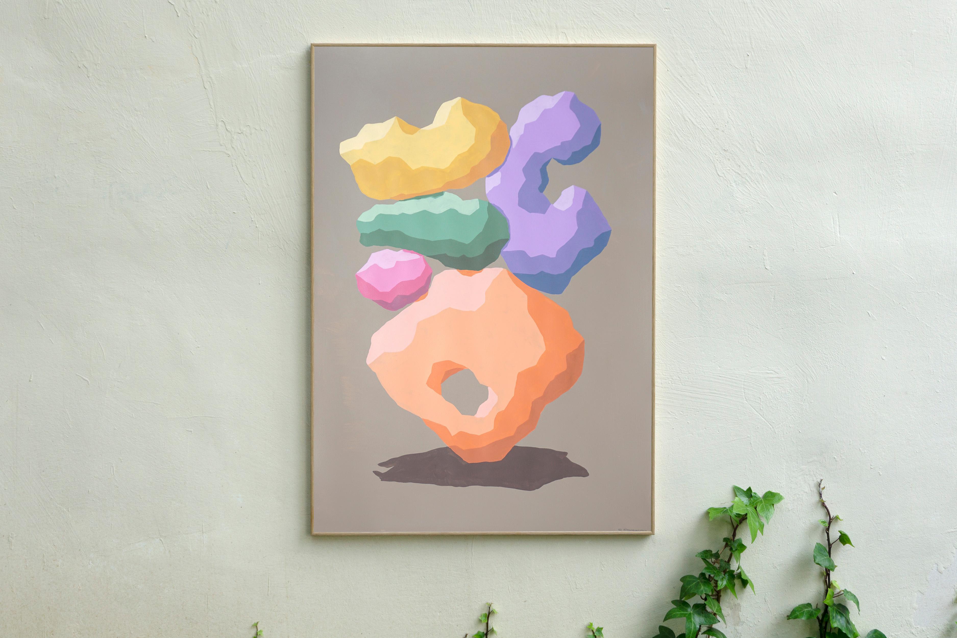 Modern Monument, 3D Totem Sculpture in Pastel Tones, Orange, Pink, Purple Shapes - Cubist Painting by Ryan Rivadeneyra