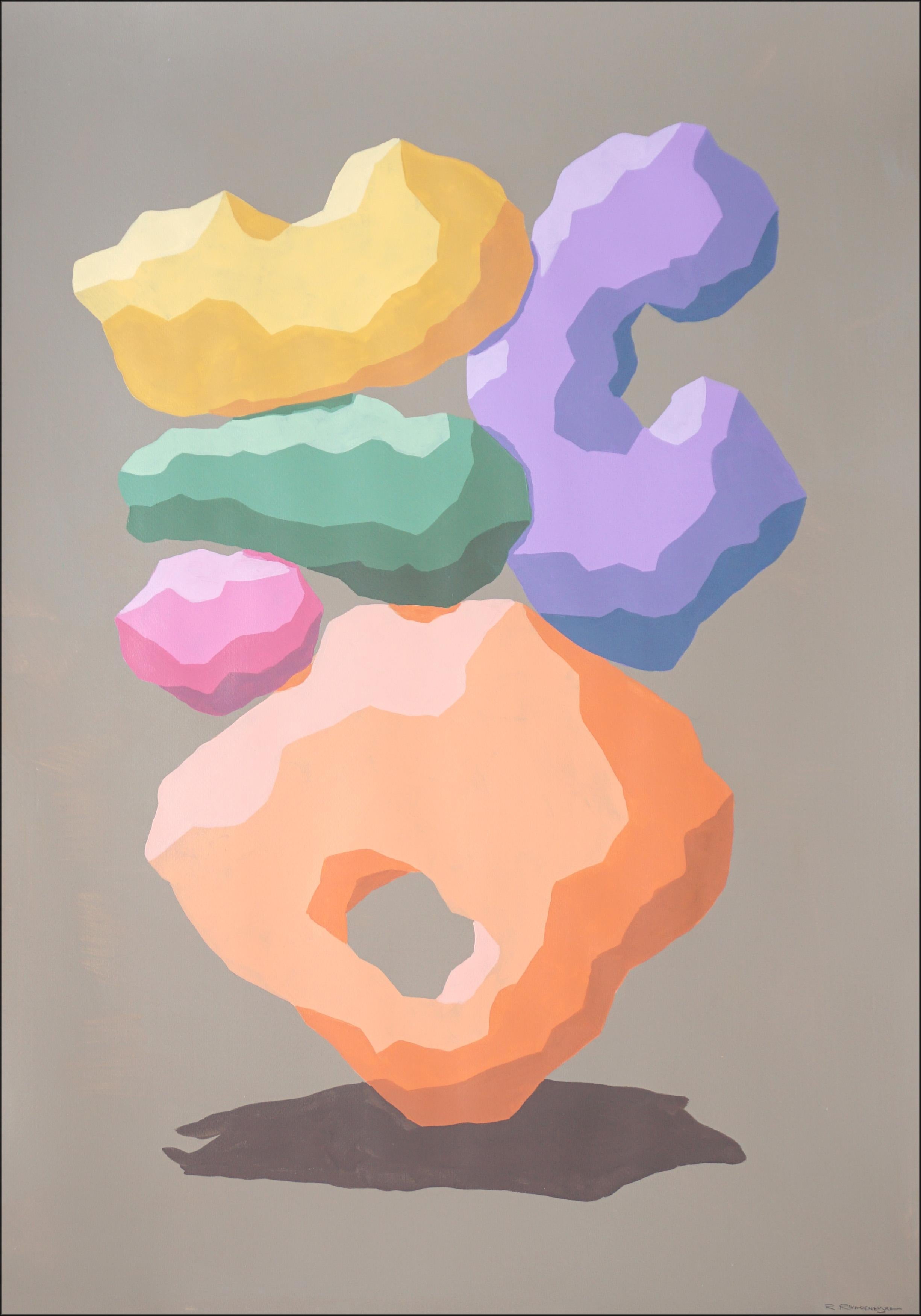 Still-Life Painting Ryan Rivadeneyra - The Moderns Modern Monument, 3D Totem Sculpture in Pastel Tones, Orange, Pink, Purple Shapes (Sculpture totémique en 3D dans les tons pastel, orange, rose, violet)